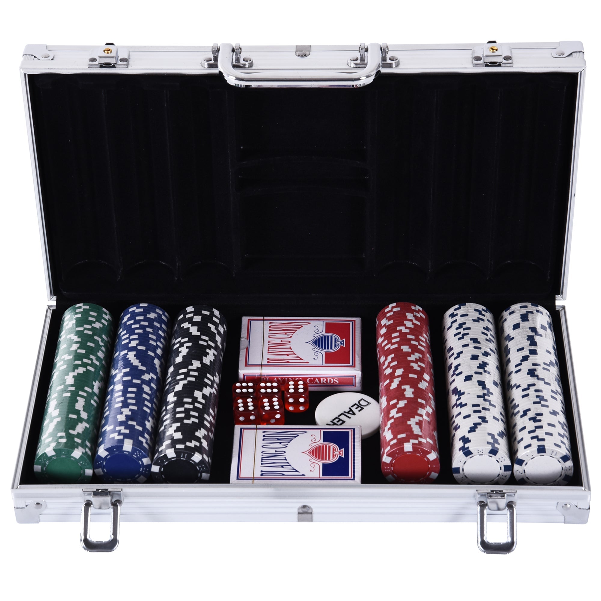 Poker case set 300 chips 2 decks of cards 5 dice aluminum