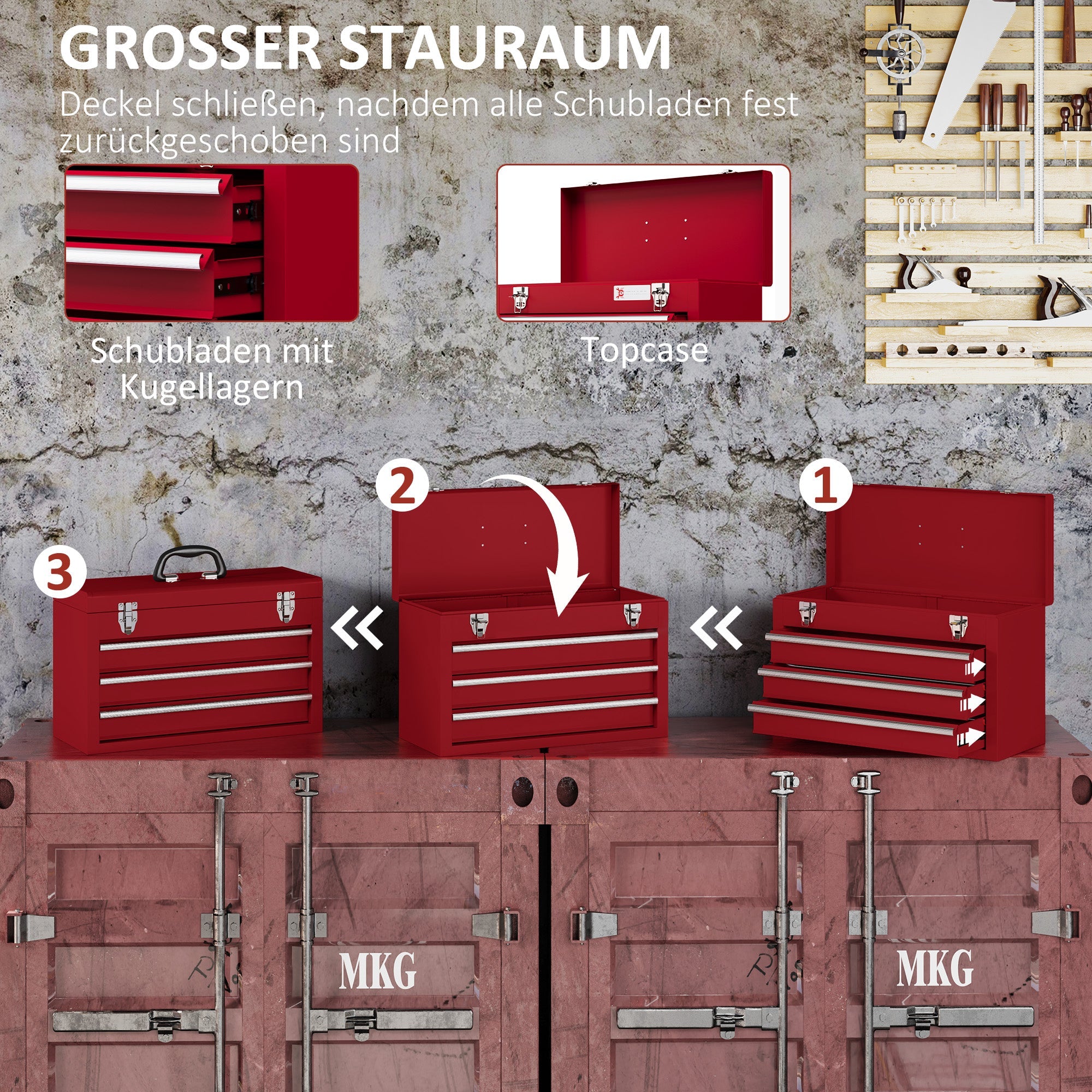 DURHAND empty tool case with 3 drawers and upper storage compartment, steel, red