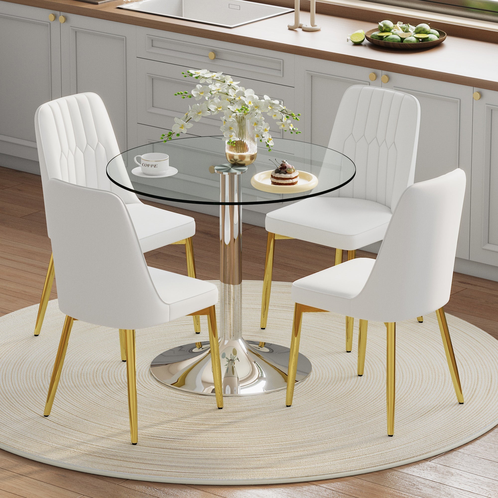 Dining Set Round Glass Table 85cm 4 PU Chairs Gold Legs - White