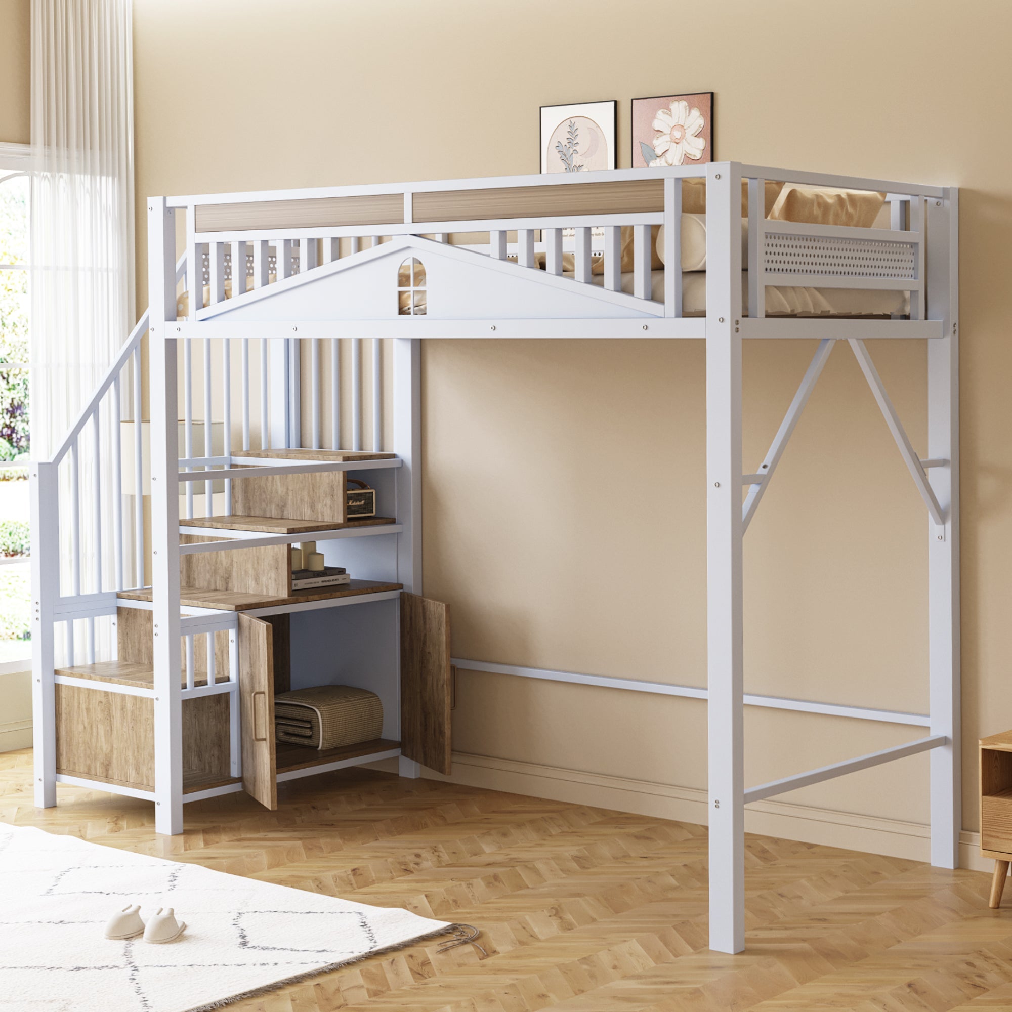 Metal Loft Bed, 90x200cm with Safety Enclosure, Ladder & Locker, White