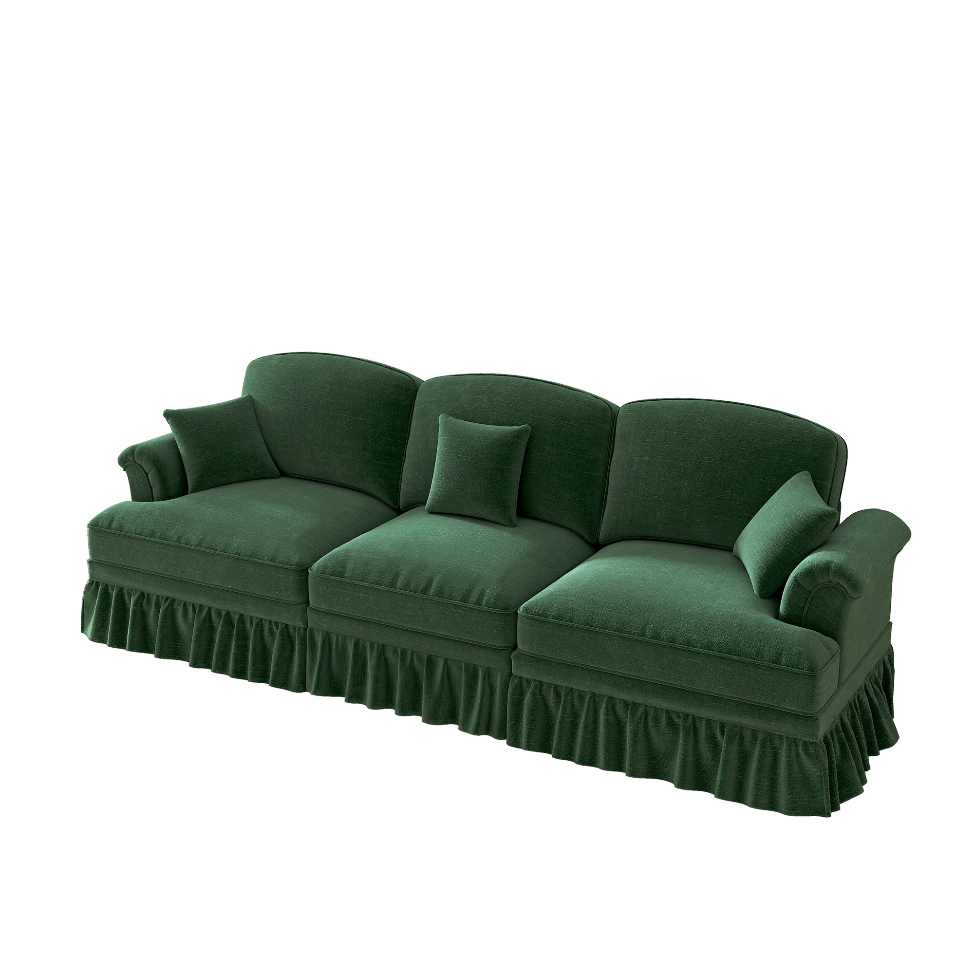 3-Seater Sofa Mid-Century Chenille Ruffled Apron Spindle Legs - Green