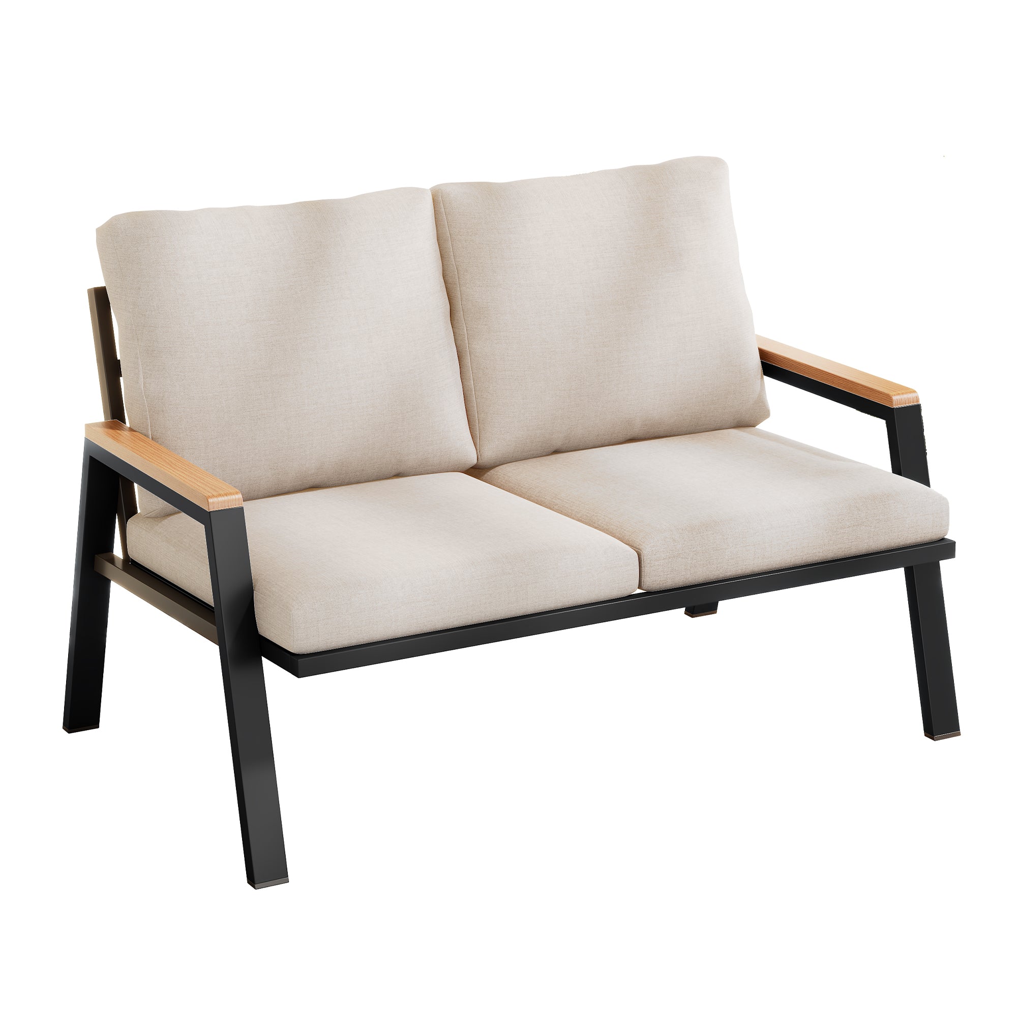 Garden Furniture Set, 2-Seater Outdoor Sofa with Wood-Plastic Composite Handrails, Grey-Beige Galvanized Steel