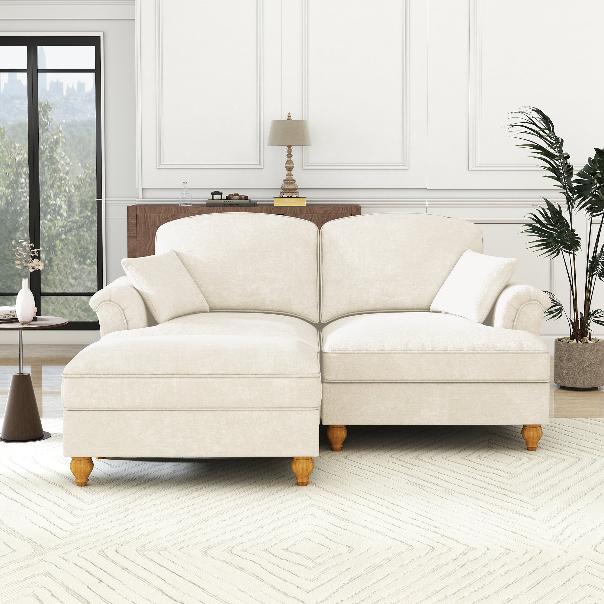 Modular L-Shaped Sofa 2-Seater Mid-Century Ottoman - White Chenille