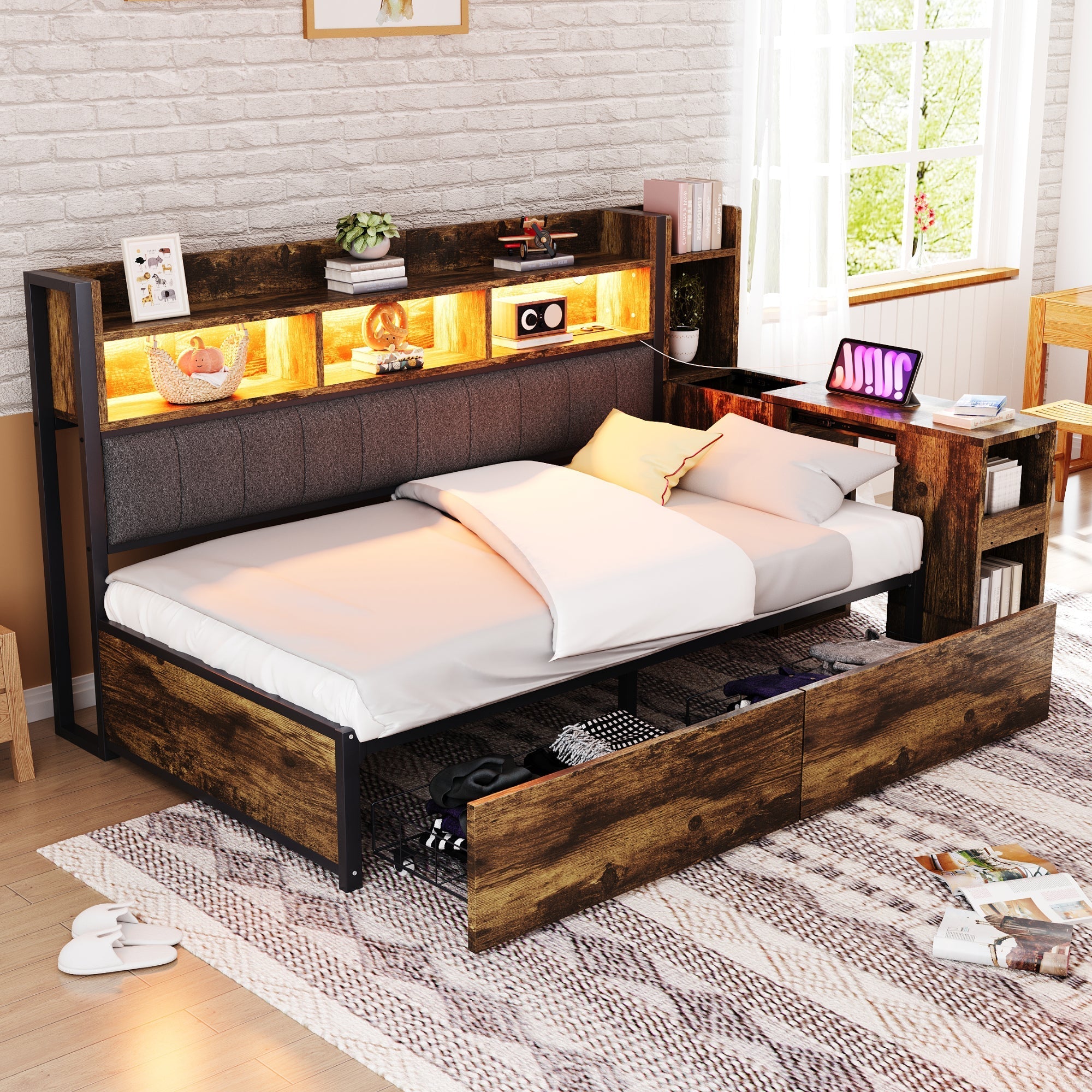 Single Bed with Movable Desk, Storage Drawers and Integrated Outlets, Metal