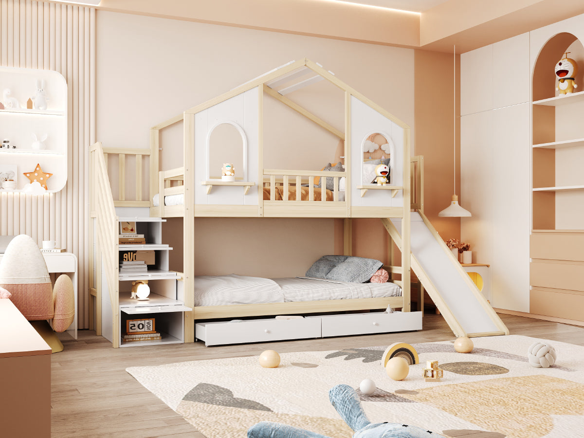 Children's Bunk Bed 90x200cm House Slide Storage Wood Color