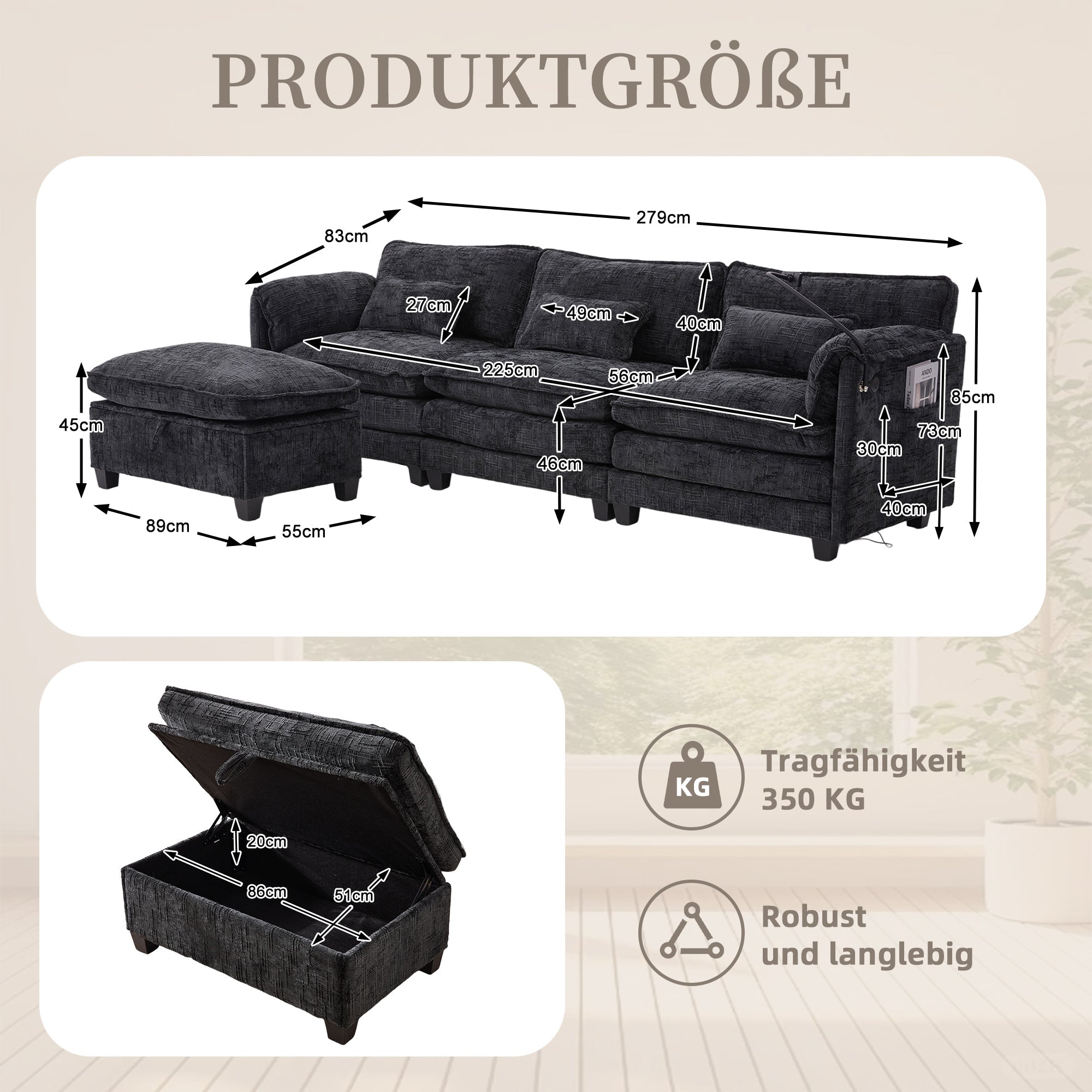 2-Seater Sofa USB Port Modular Footstool - Chenille Black