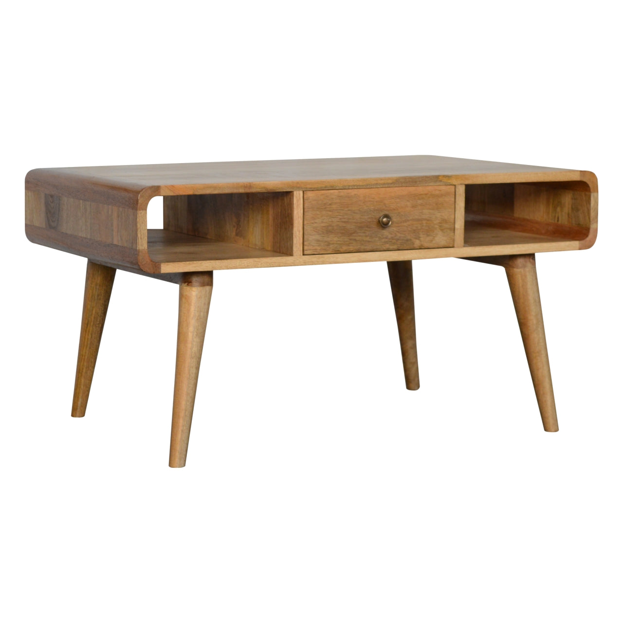 Solid Wood Curved Coffee Table, 2 Drawers and 2 Open Slots, Brown