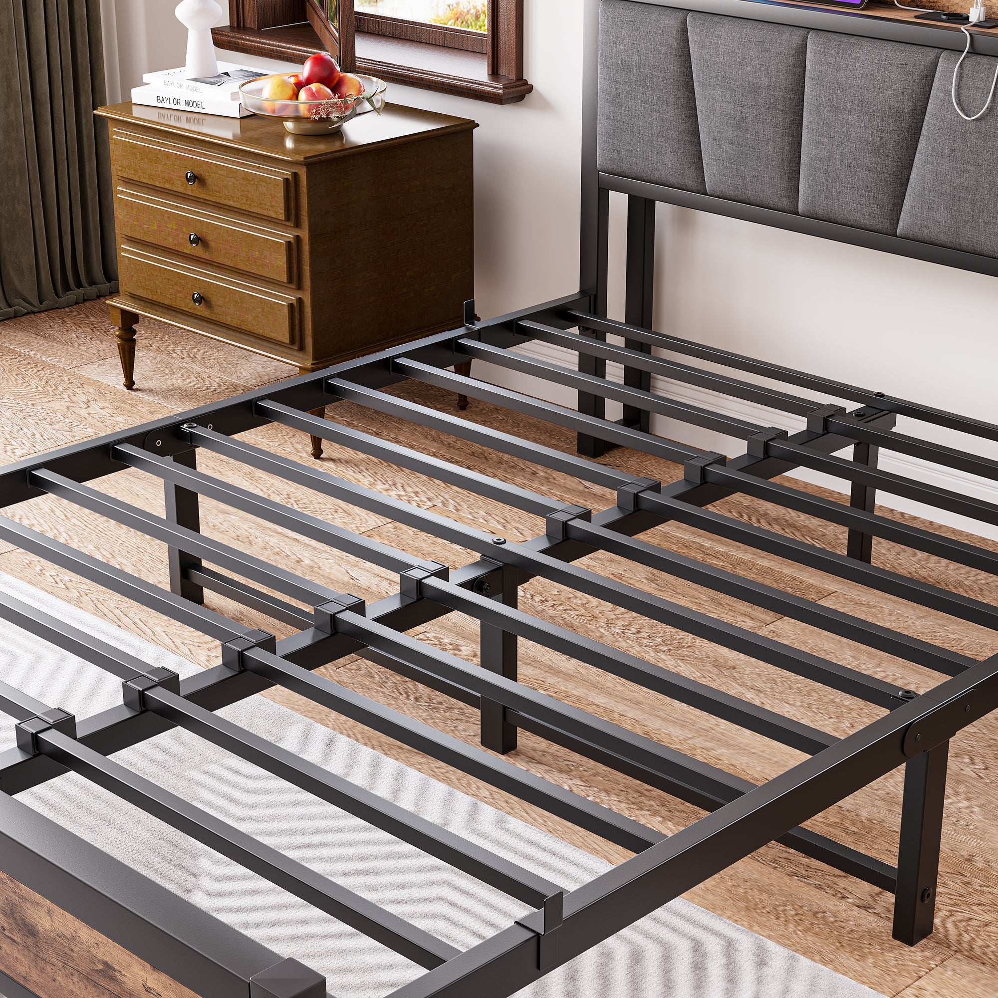Bed Frame 140x190cm Smart LED Lights USB Charging Noise-Free Metal