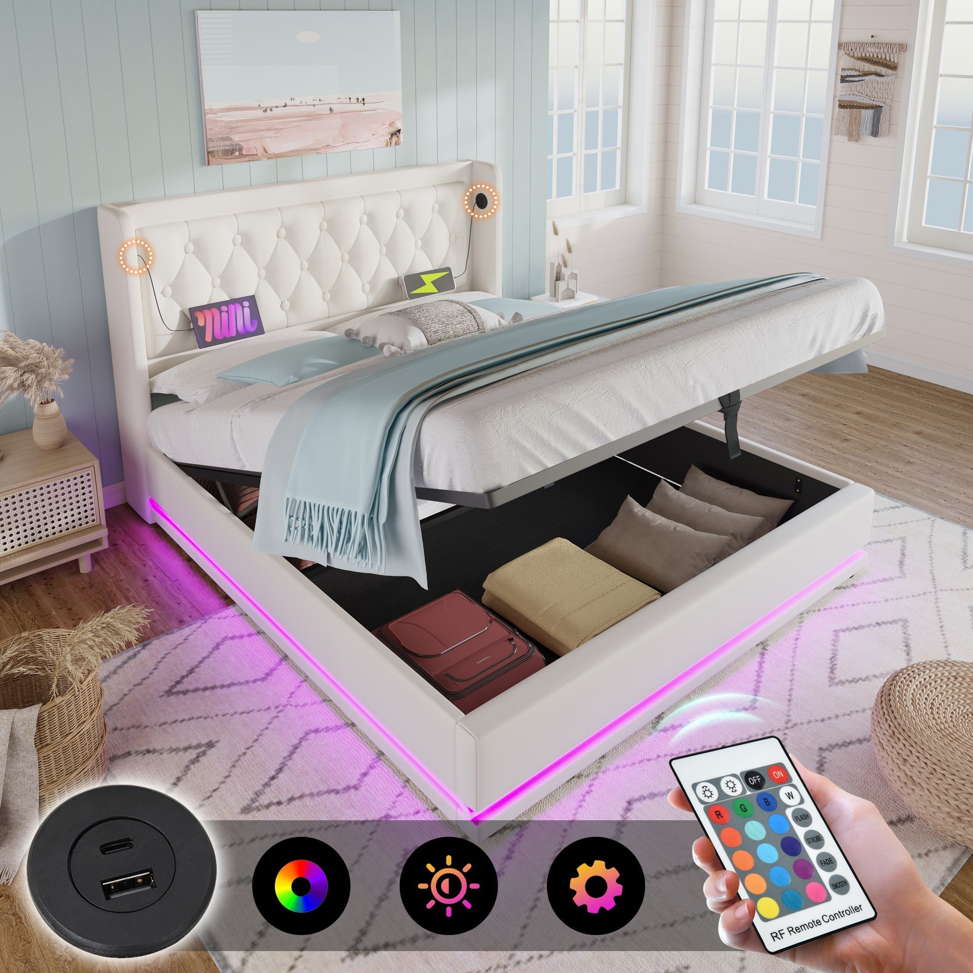 Upholstered Double Bed, 140*200cm Hydraulic Storage with LED & USB, White PU