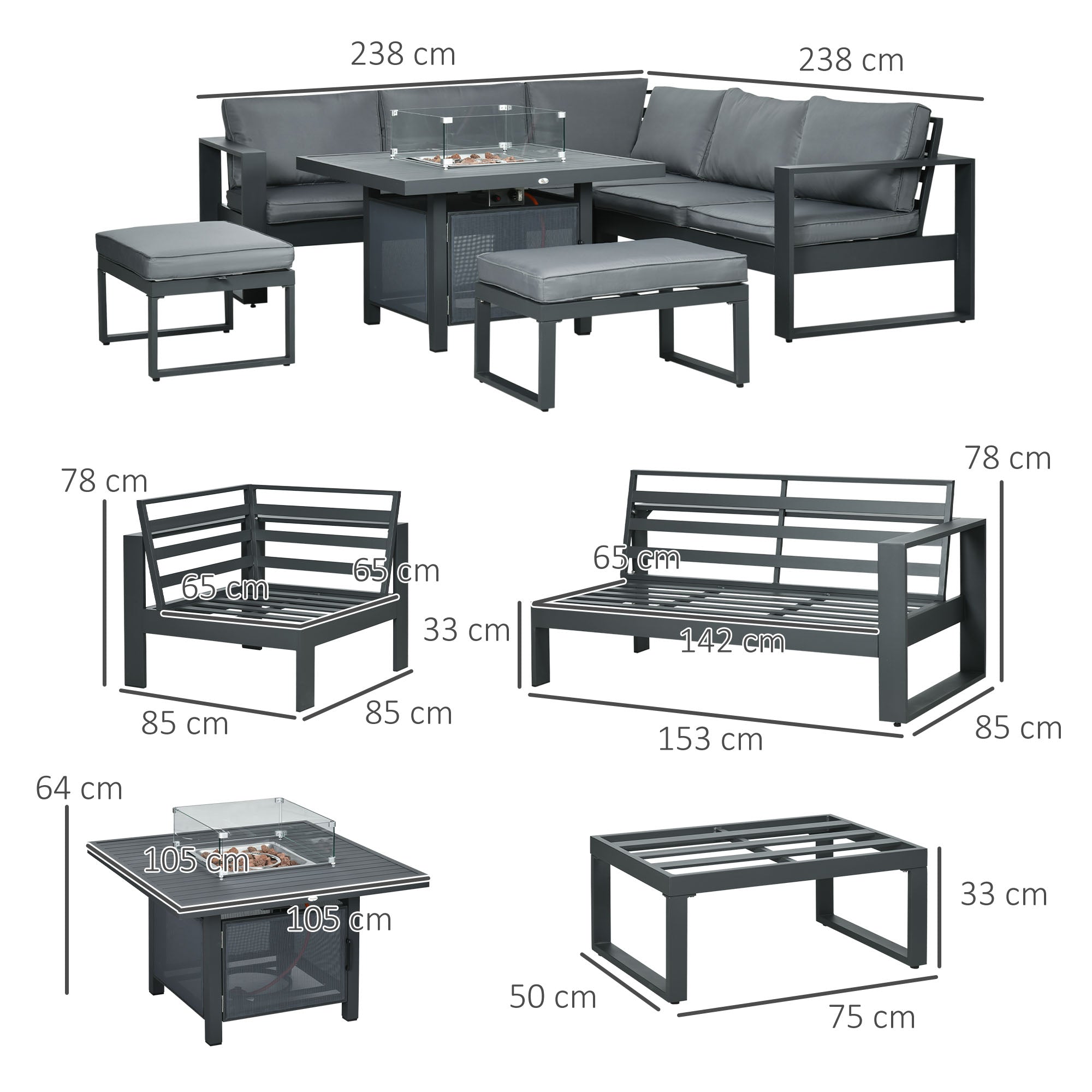 6-Piece Aluminium Garden Furniture Set, Fire Pit Table Outdoor Sofa with Cushions, Grey
