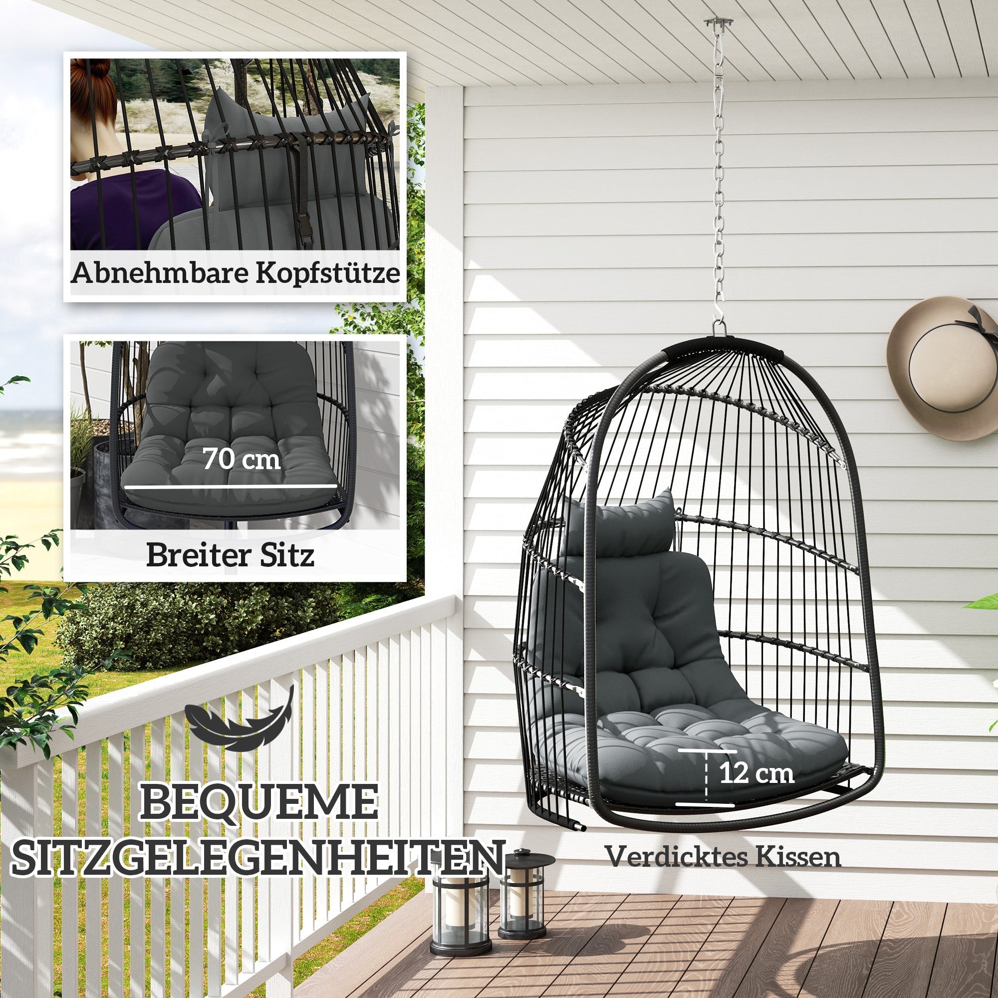 Hängesessel, klappbare Polyrattan-Schaukel, 150 kg Tragkraft, dunkelgrau