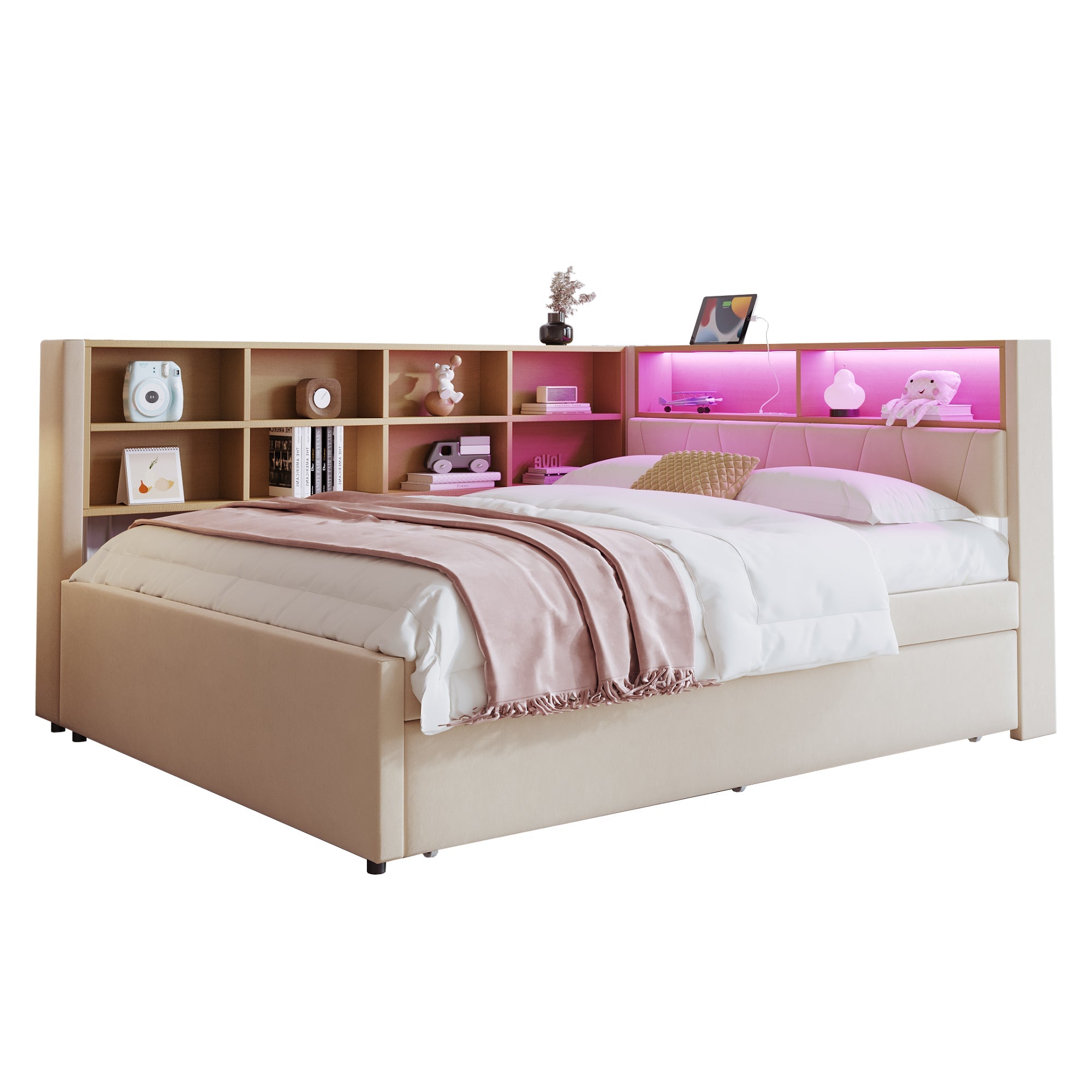 Sofa Bed 140x200, Pull-out 90x190, LED Lights & Storage, Flannel Beige