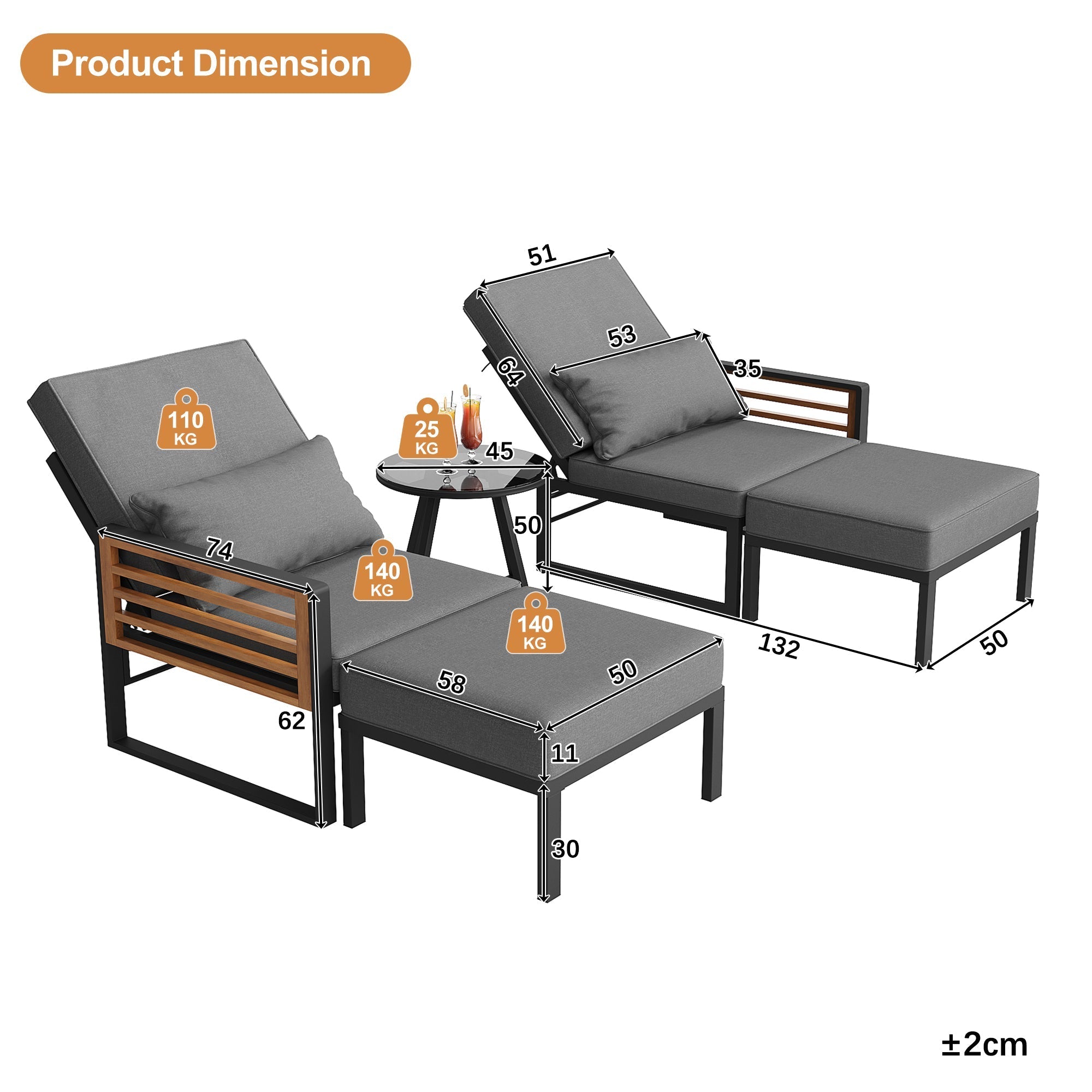 Garden Lounge Set for 2-4 People, Adjustable Outdoor Daybed and Sofa with Cushions, Grey Wood Look