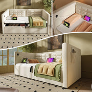 Daybed Upholstered Bed 3FT Single, USB Charging, Hydraulic Storage, Velvet Beige (No Mattress)