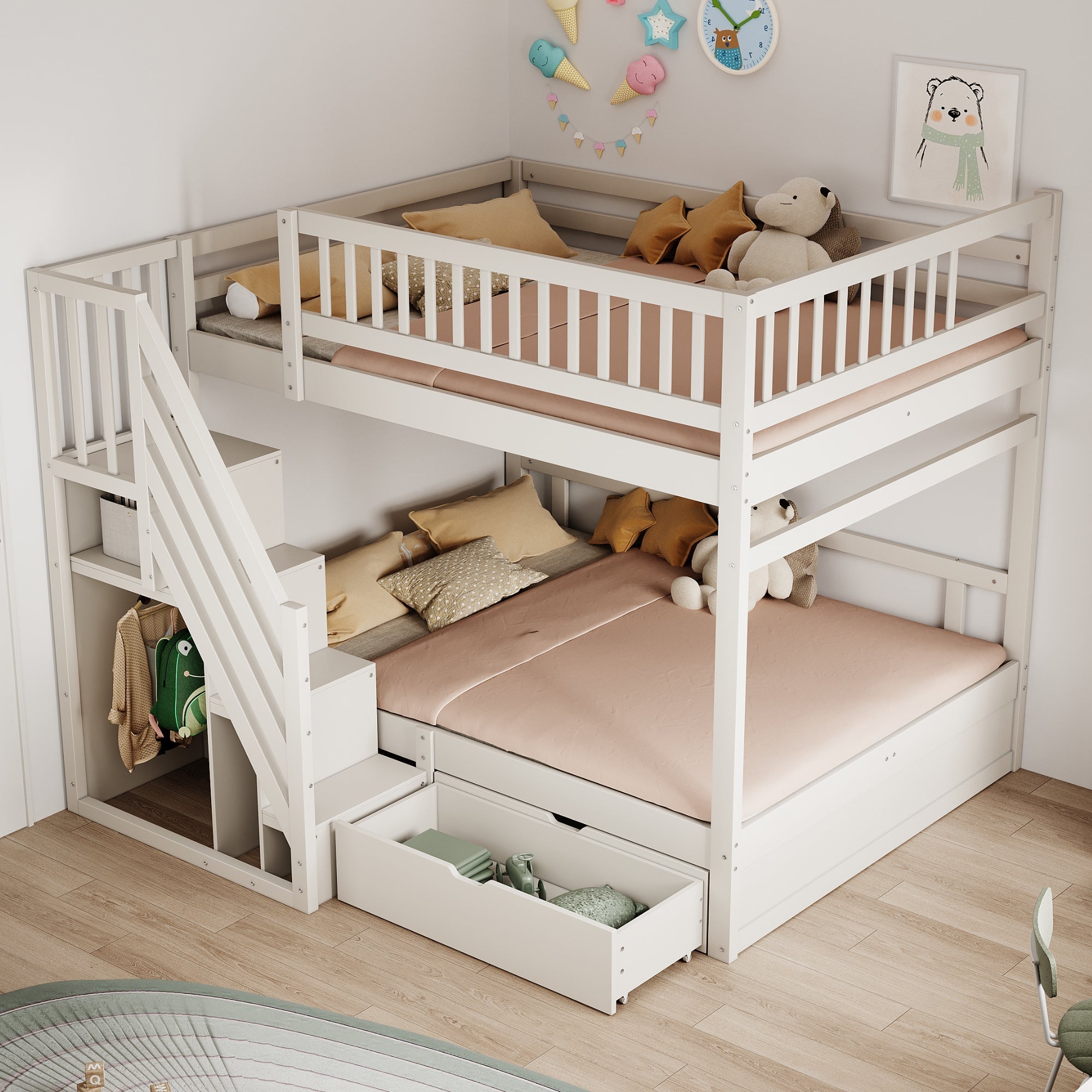 Solid Wood Bunk Bed, 140x200cm High Safety Rail Storage Ladder & Drawers, White