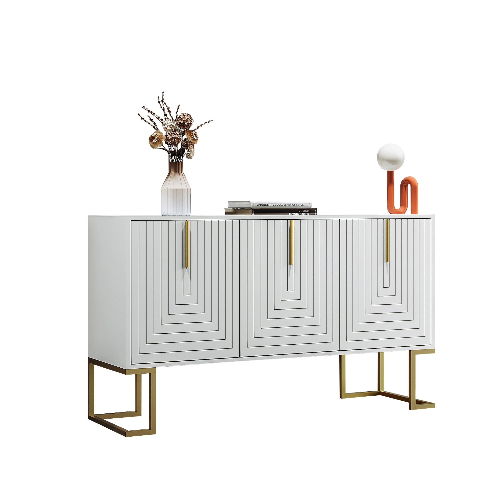 Sideboard, 3-Door with Adjustable Shelves, U-Shaped Cabinet Doors, Metal Handles, White