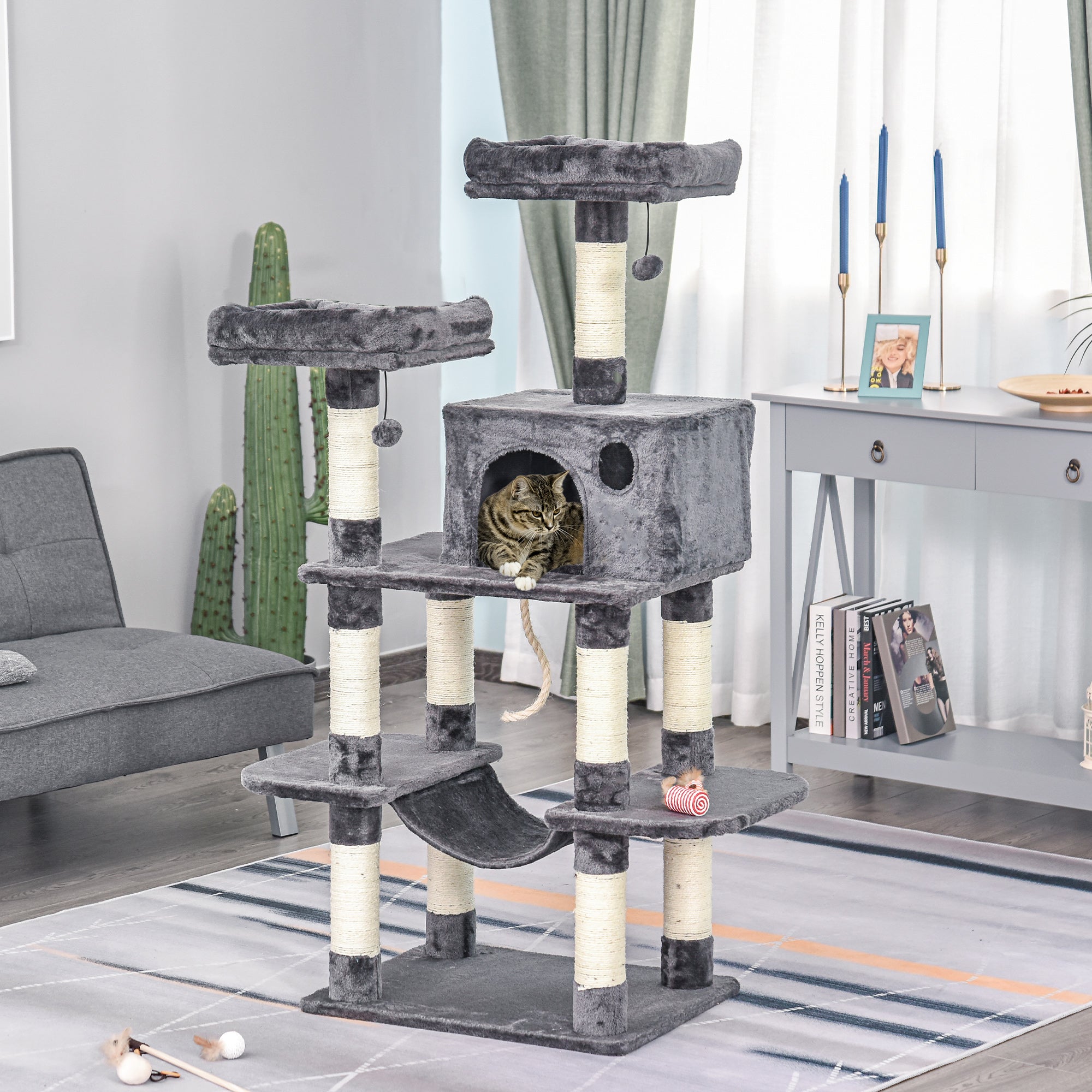 Cat Tree 144cm Wall Strap Hammock Cat House, Dark Grey