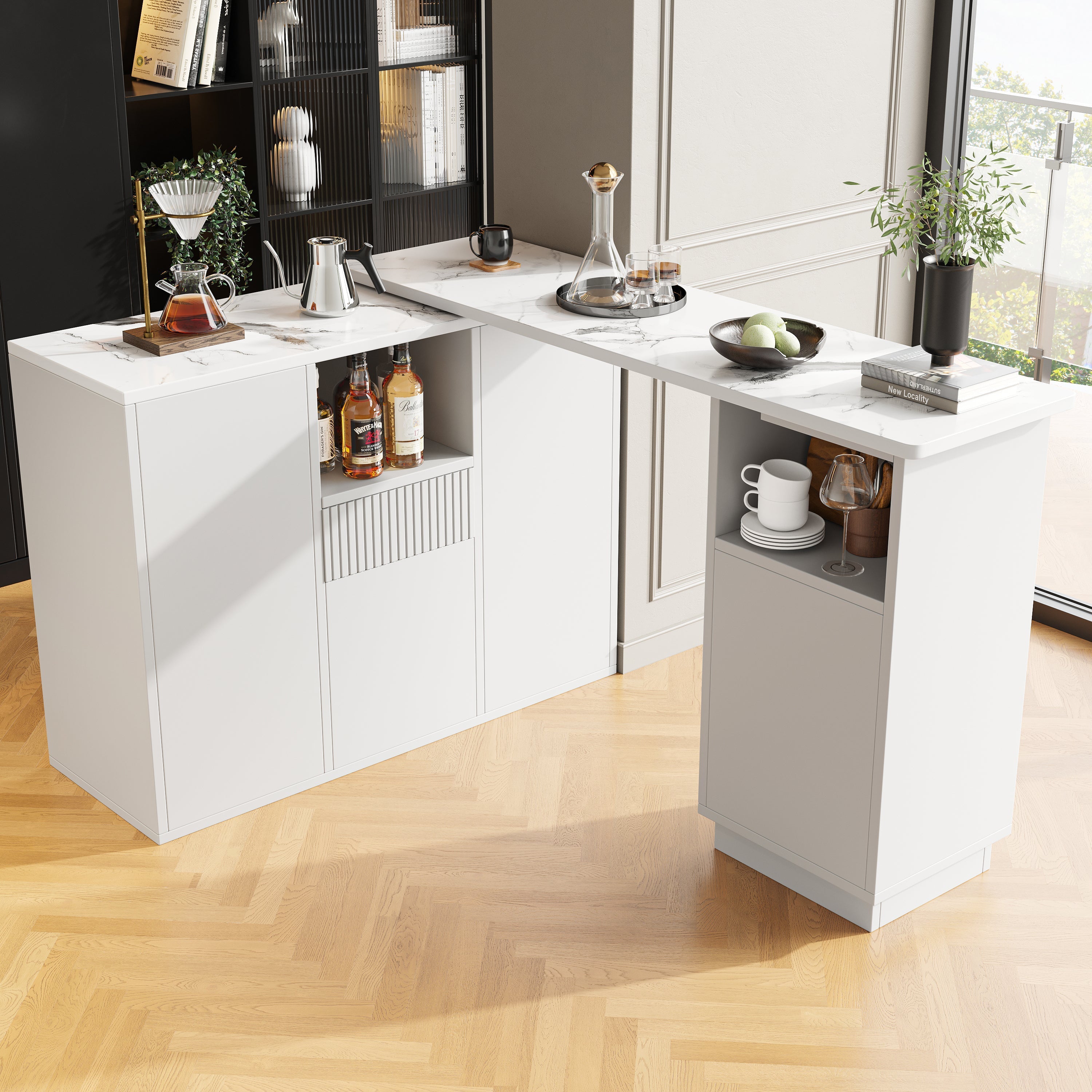 Bar Table, 360° Rotating Multifunctional Storage with Open Space, White Marble Top