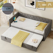 Upholstered Daybed Sofa Bed with Charging Station, 3ft Single Button-tufted with USB & Type-C Ports & Pull Out Trundle, Linen Grey