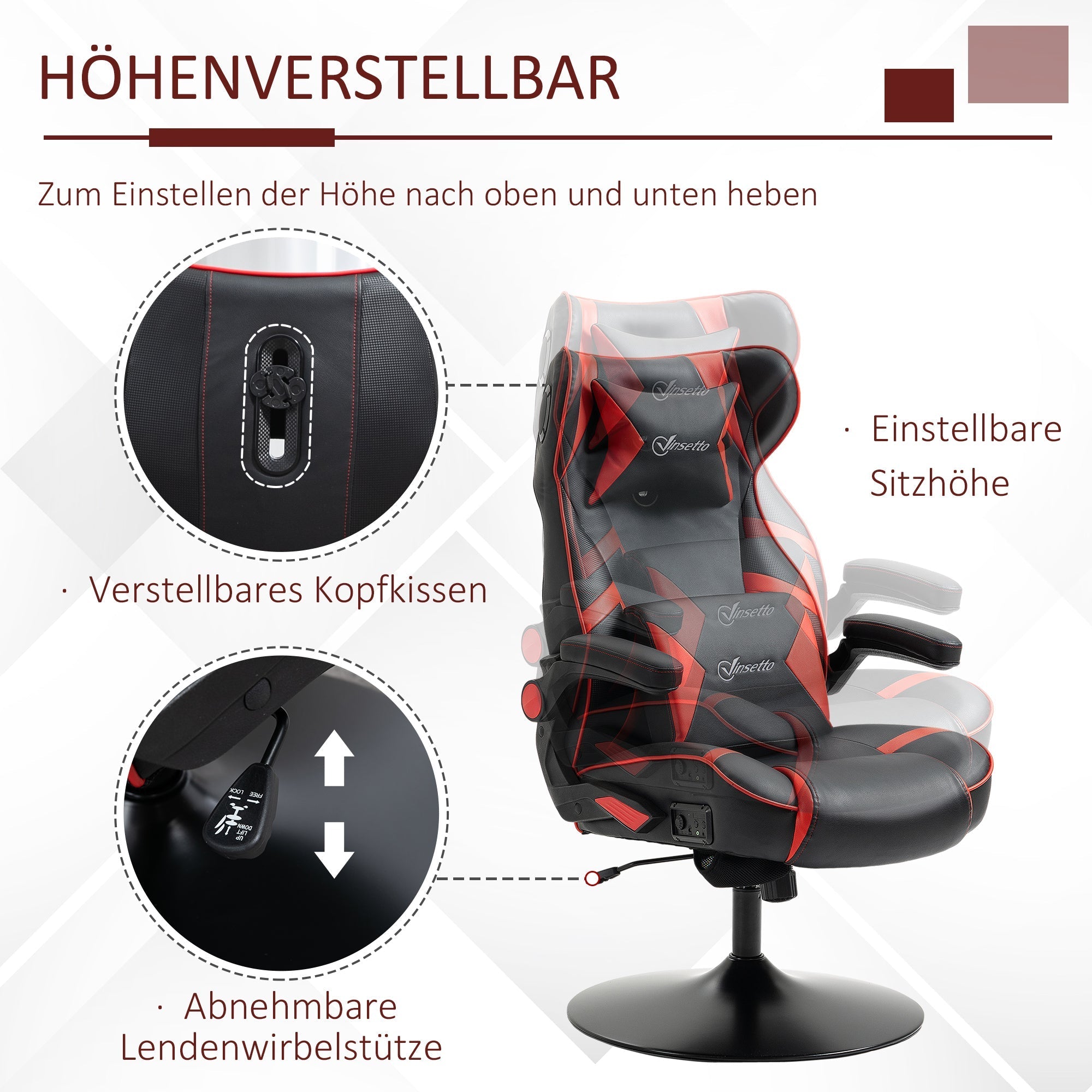 Vinsetto Gaming Chair, Height Adjustable, Rocking, Speakers, Ergonomic, Faux Leather