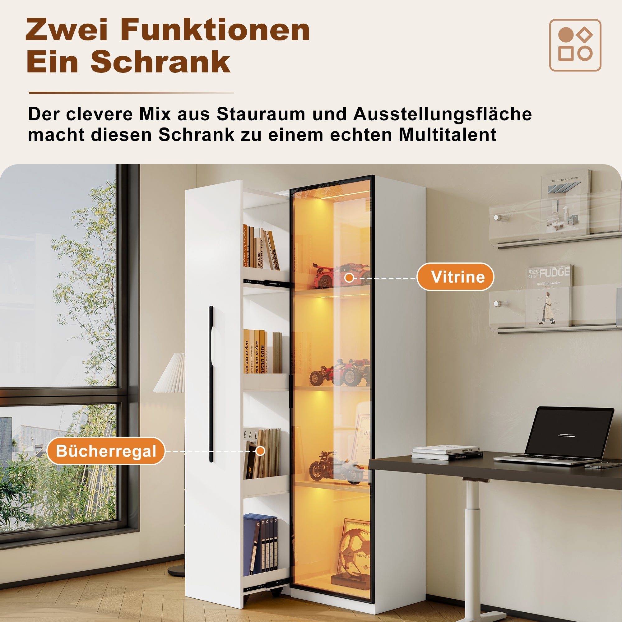 Multifunctional Cabinet 160cm Glass Doors LED Lighting, Aluminum Frame