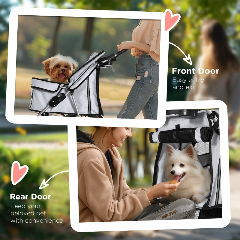 Pet Stroller: Foldable Pushchair with Wheels, Zipper Entry, Cup Holder & Basket, Grey