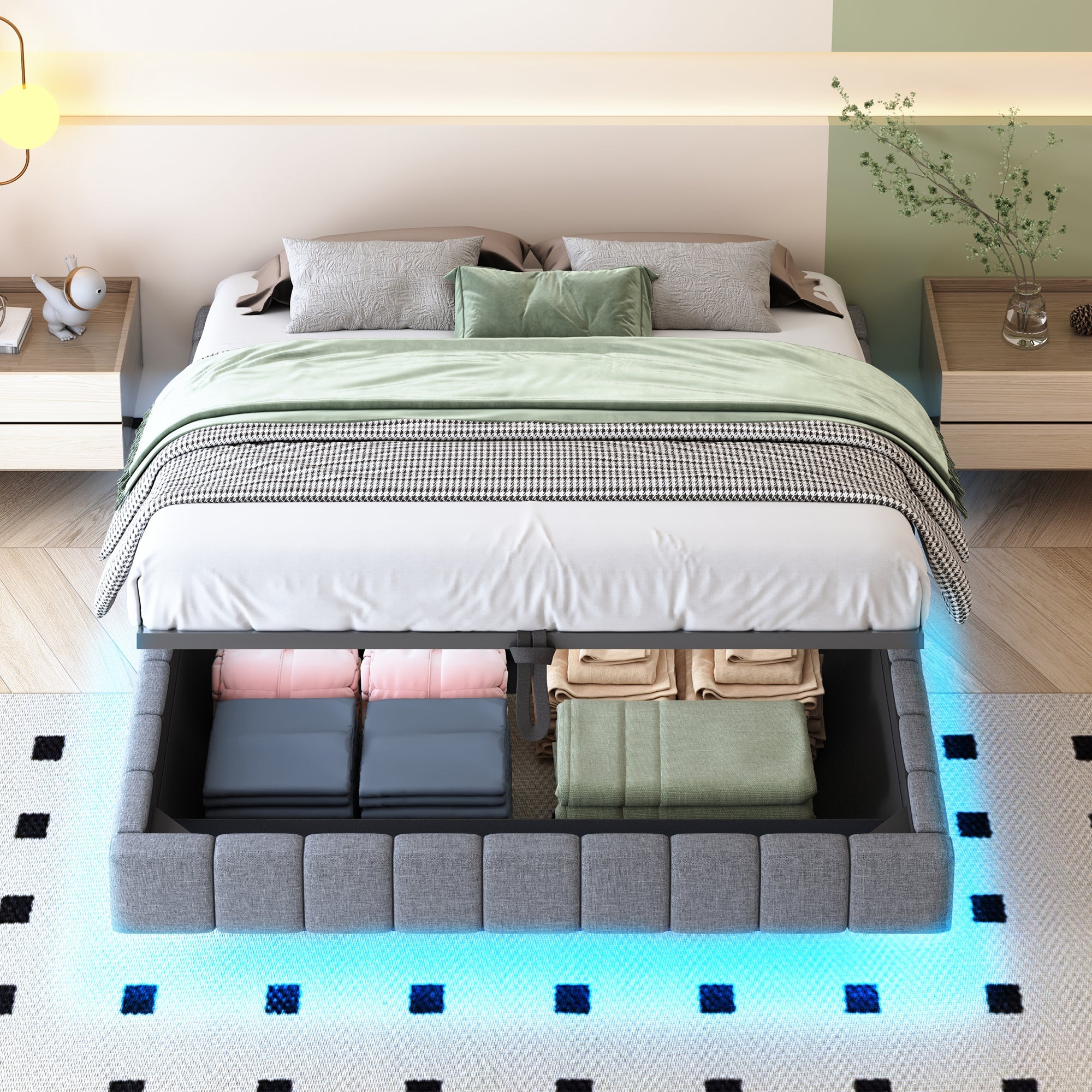 Upholstered Bed 160x200cm, Hydraulic Floating Storage Frame with LED Light, Linen Grey