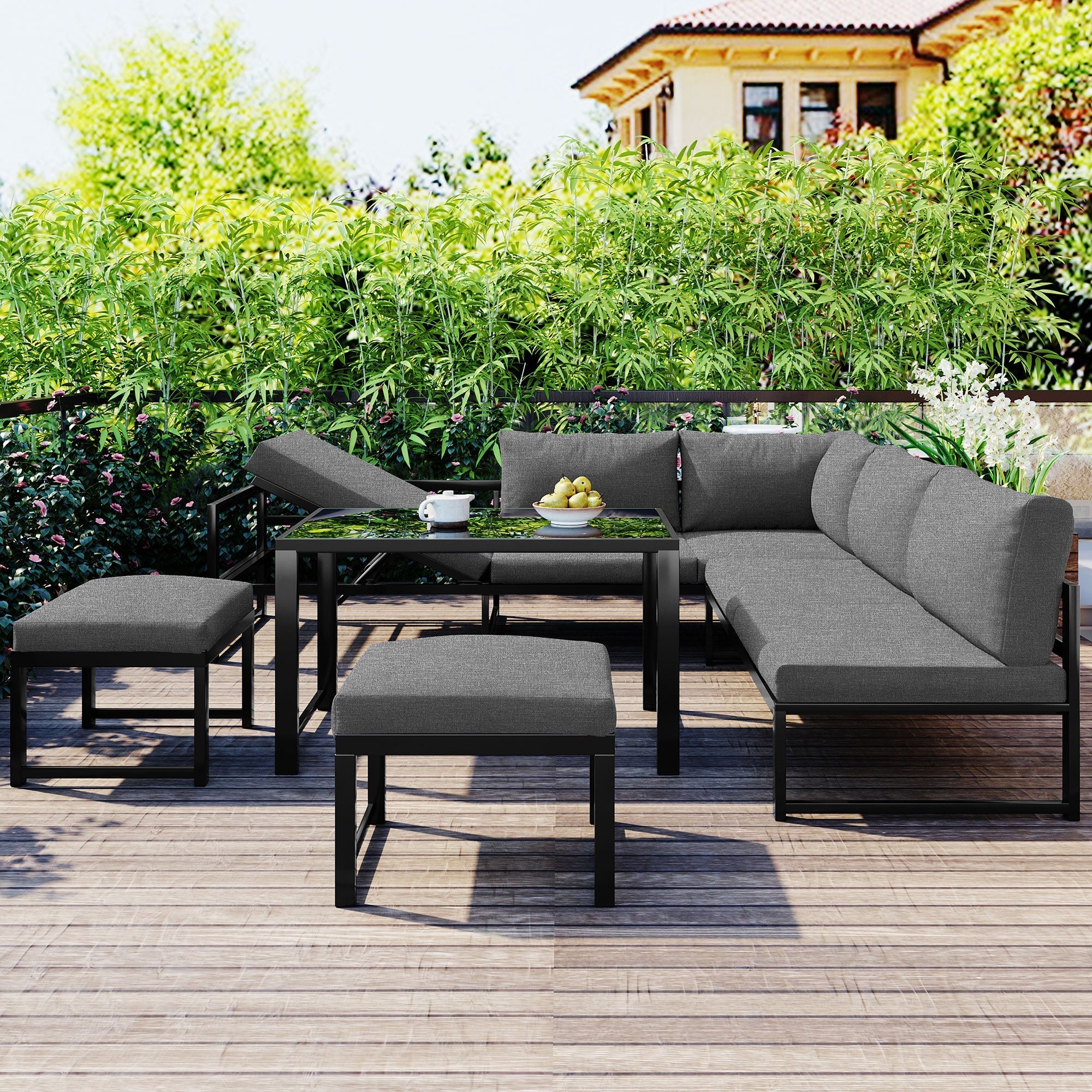 Outdoor Garden Lounge Sofa Set with Reclining Function, Adjustable Backrest, Grey