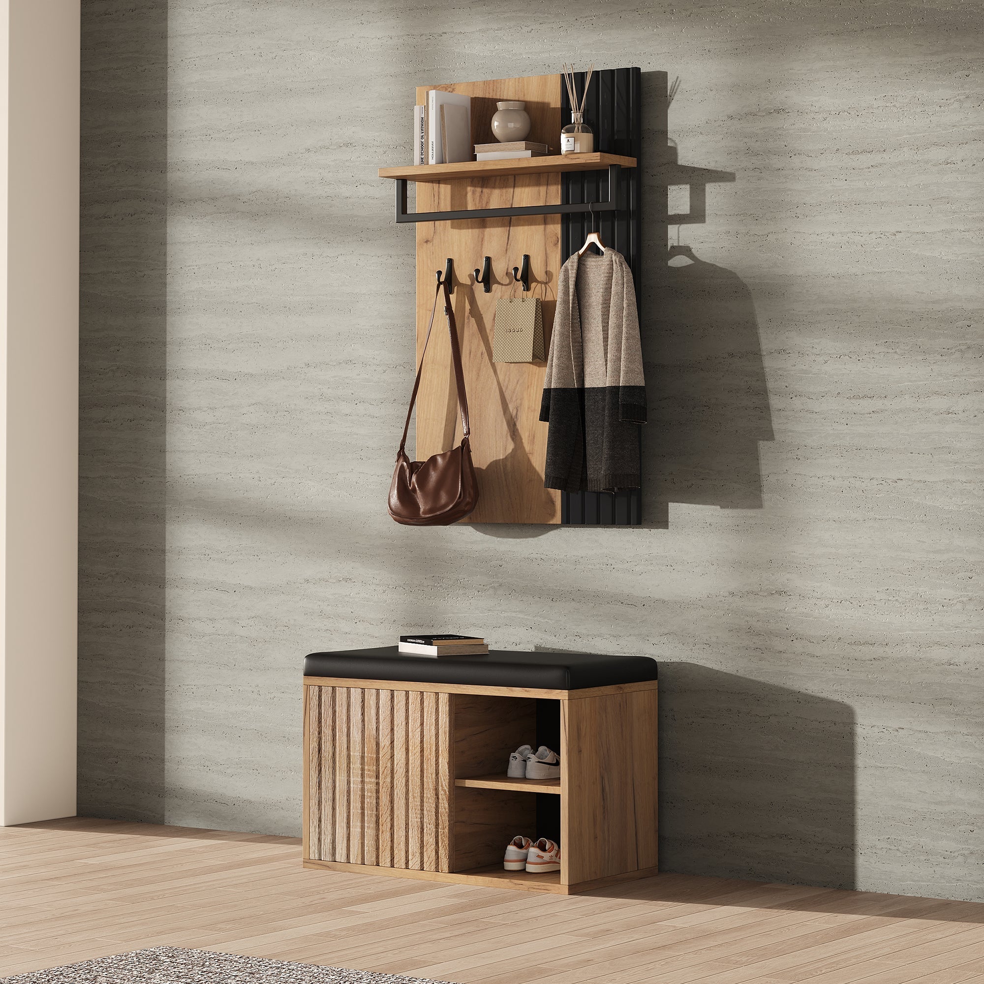 Shoe Cabinet Bench Hallway Furniture 2 Doors 3 Hooks Black and Natural Color
