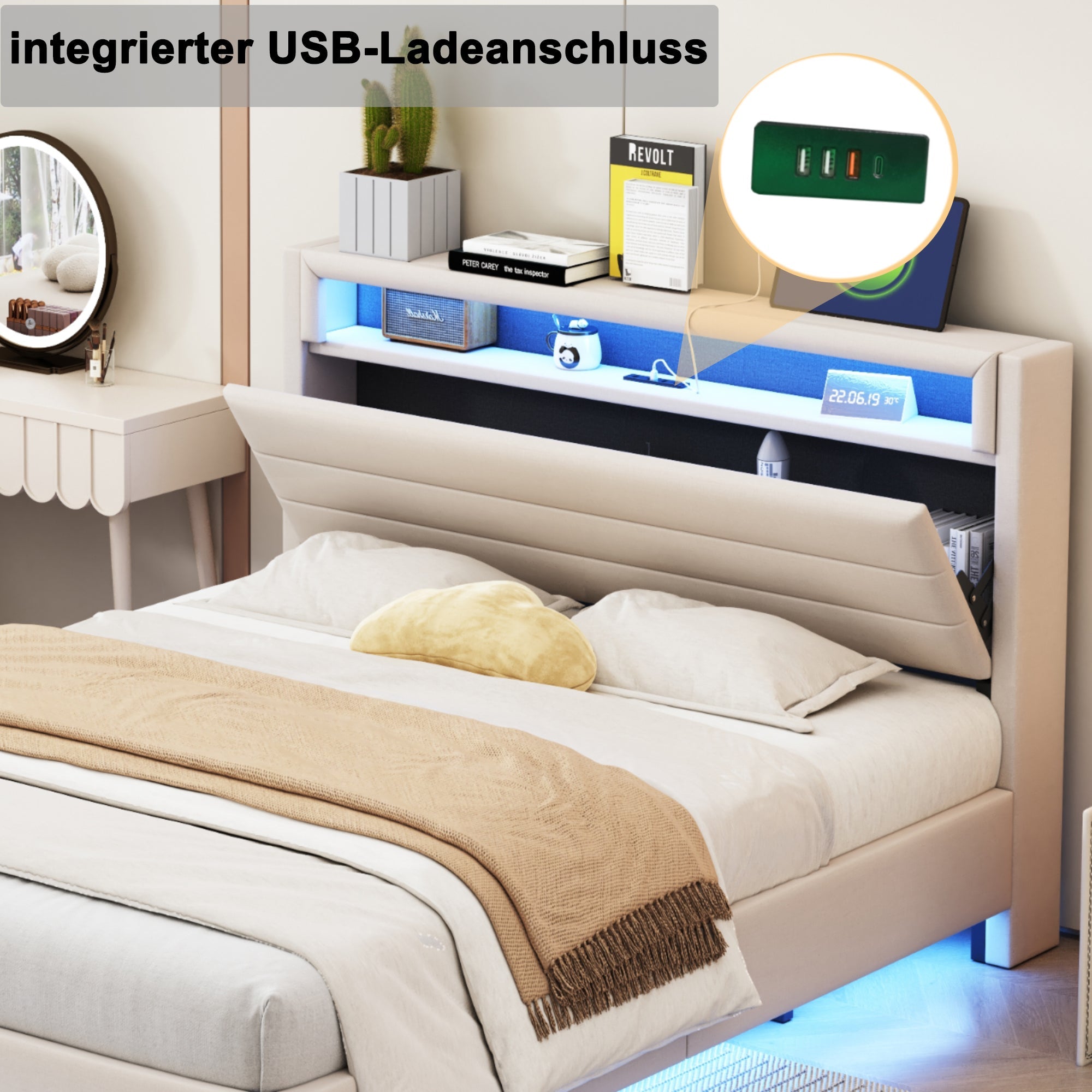 Upholstered Bed 160x200 cm, USB & LED, Reversible Headboard, Linen Fabric Beige