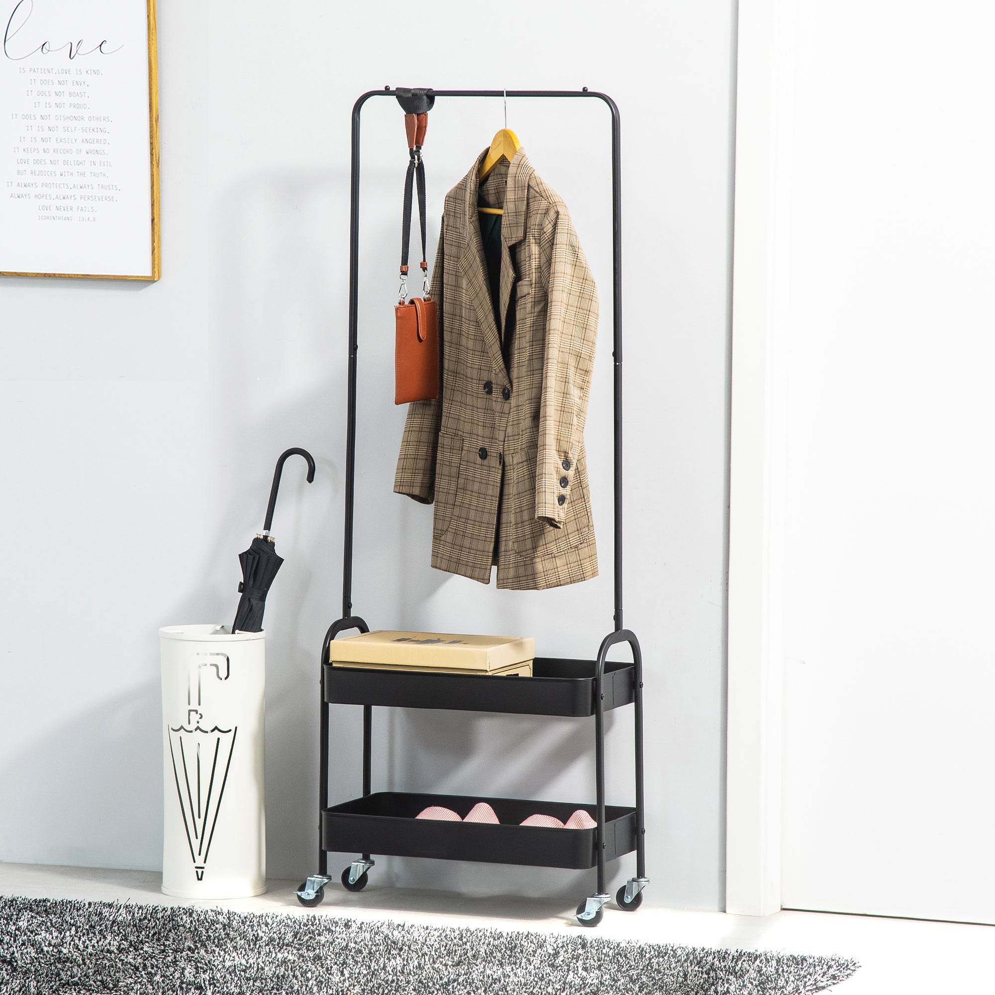 Clothes Rack, Wheels, Coat Rail, Shoe Rack, 16 kg Load Capacity, Black