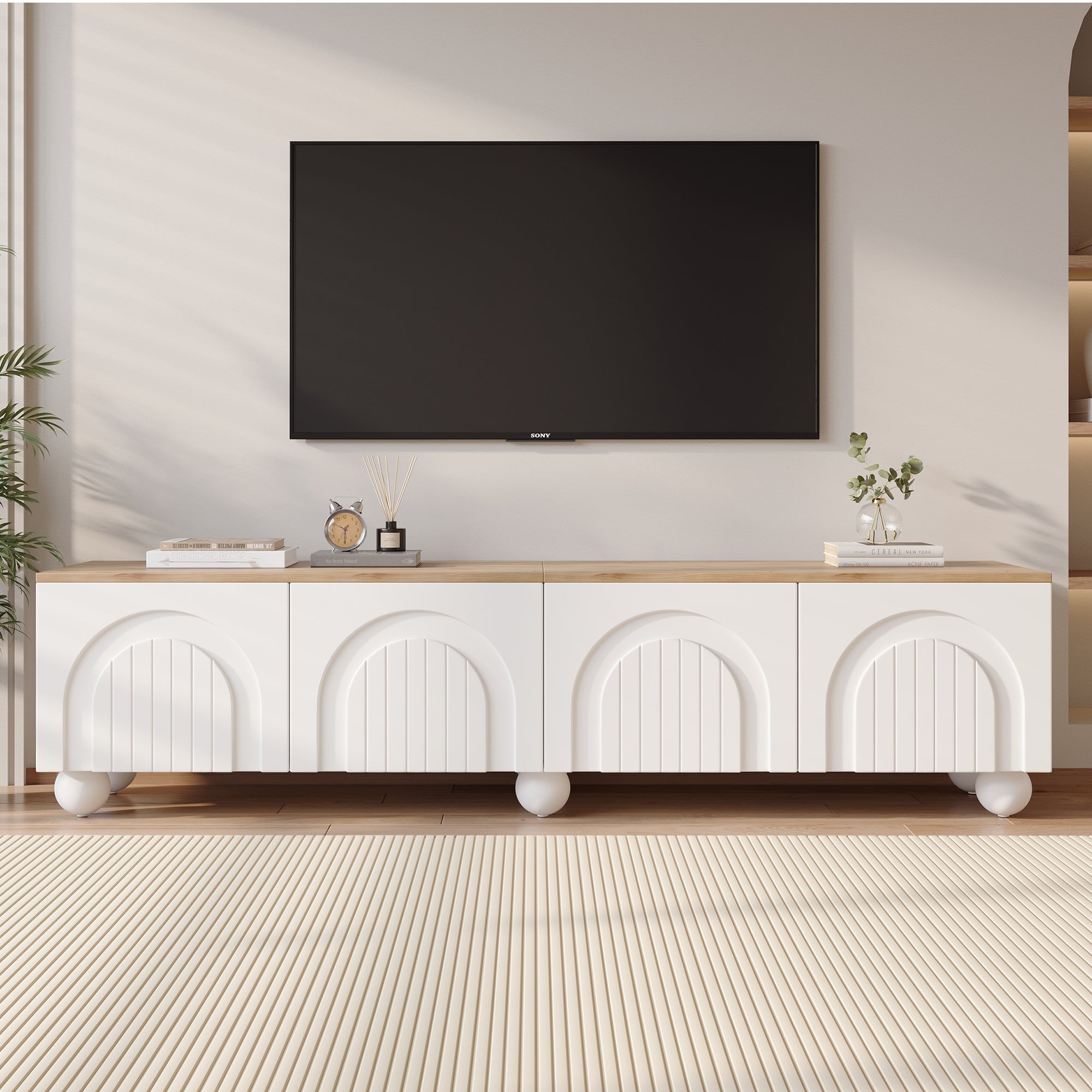 TV Cabinet 180x40x45cm 4 Shelves Metal Legs for 80-inch TV, Wood Color/White``` json
  {"cell_value": "TV Cabinet 180x40x45cm 4 Shelves Metal Legs for 80-inch TV, Wood Color/White"}
  
  ```