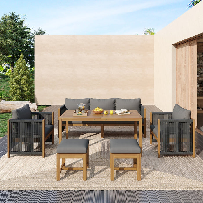 6-Piece Garden Furniture Set with Sofa, Stools and Acacia Tabletop, Grey