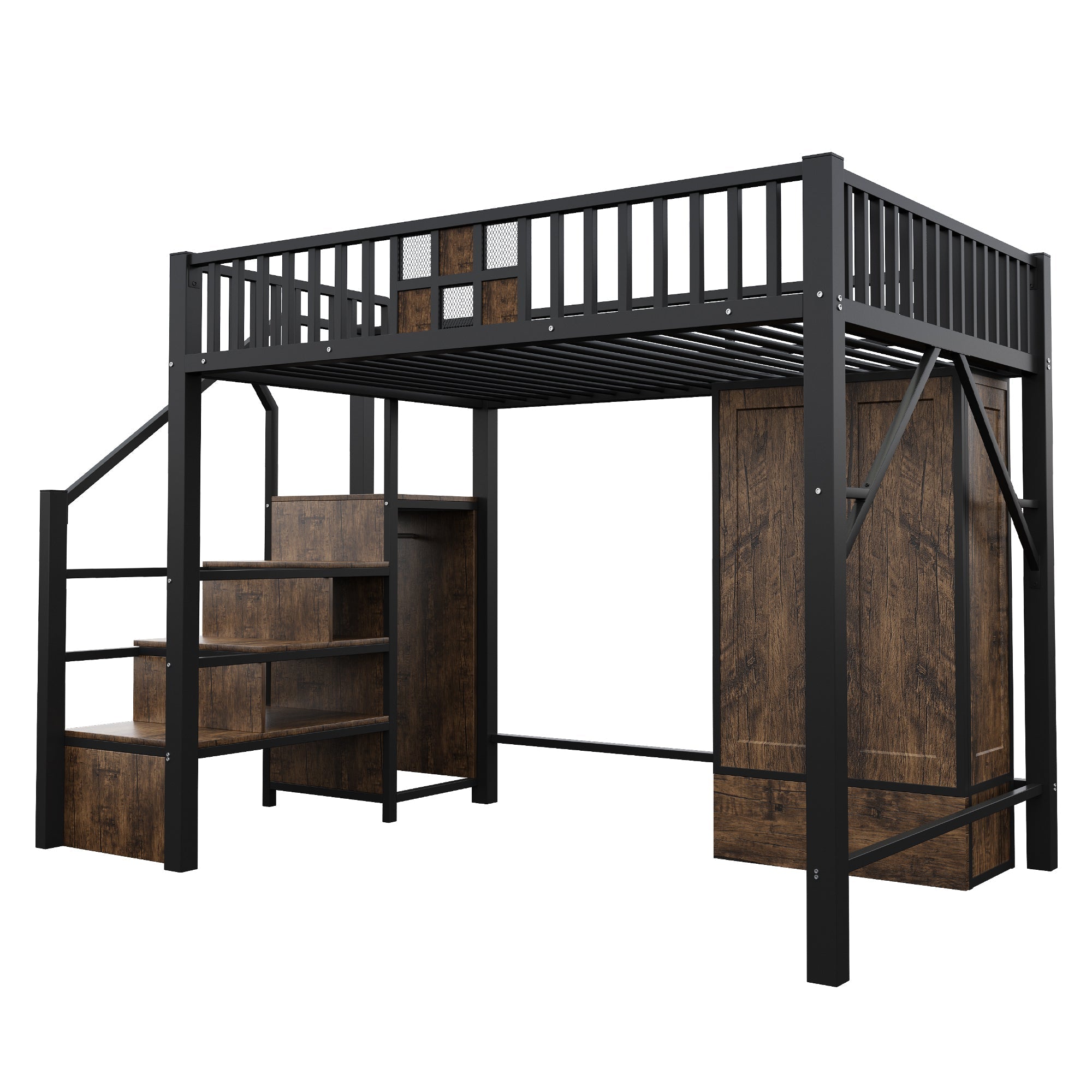 High Loft Bed with Wardrobe, Storage Ladder and Metal Frame, Black Metal and Wood