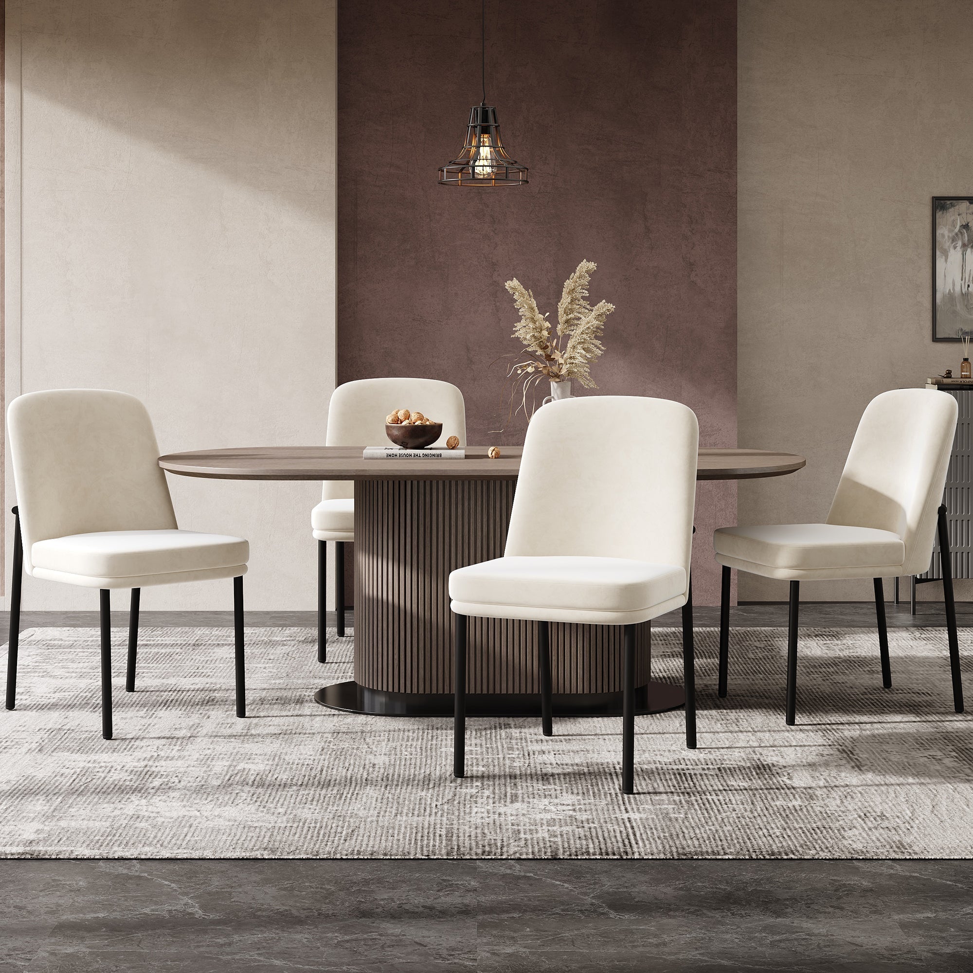 Dining Chairs Set of 2 Thickened Cushion Black Metal Legs Modern Minimalist - Velvet Beige