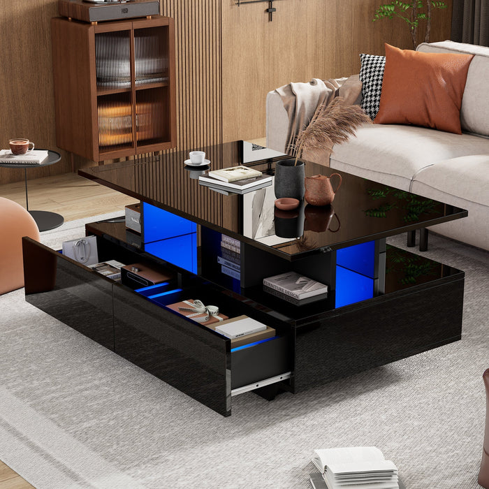Coffee Table, Modern High-Gloss with LED & 2 Drawers, White