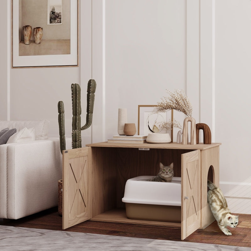 Cat Litter Box Enclosure, Double Doors Side Entrance Non-Slip Pads, Walnut Brown