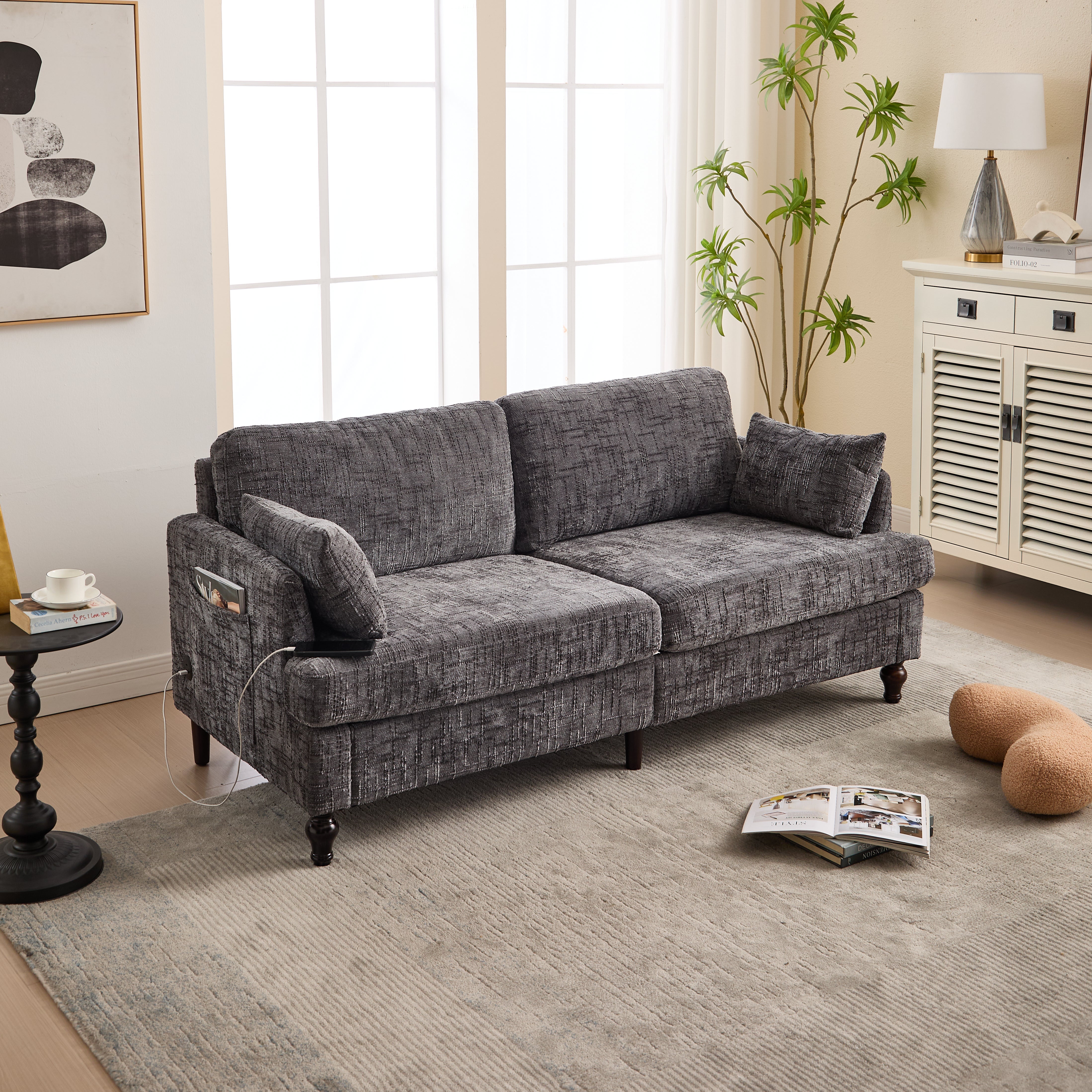 Sofa, 2-Seater with LED, USB, Storage, Chenille