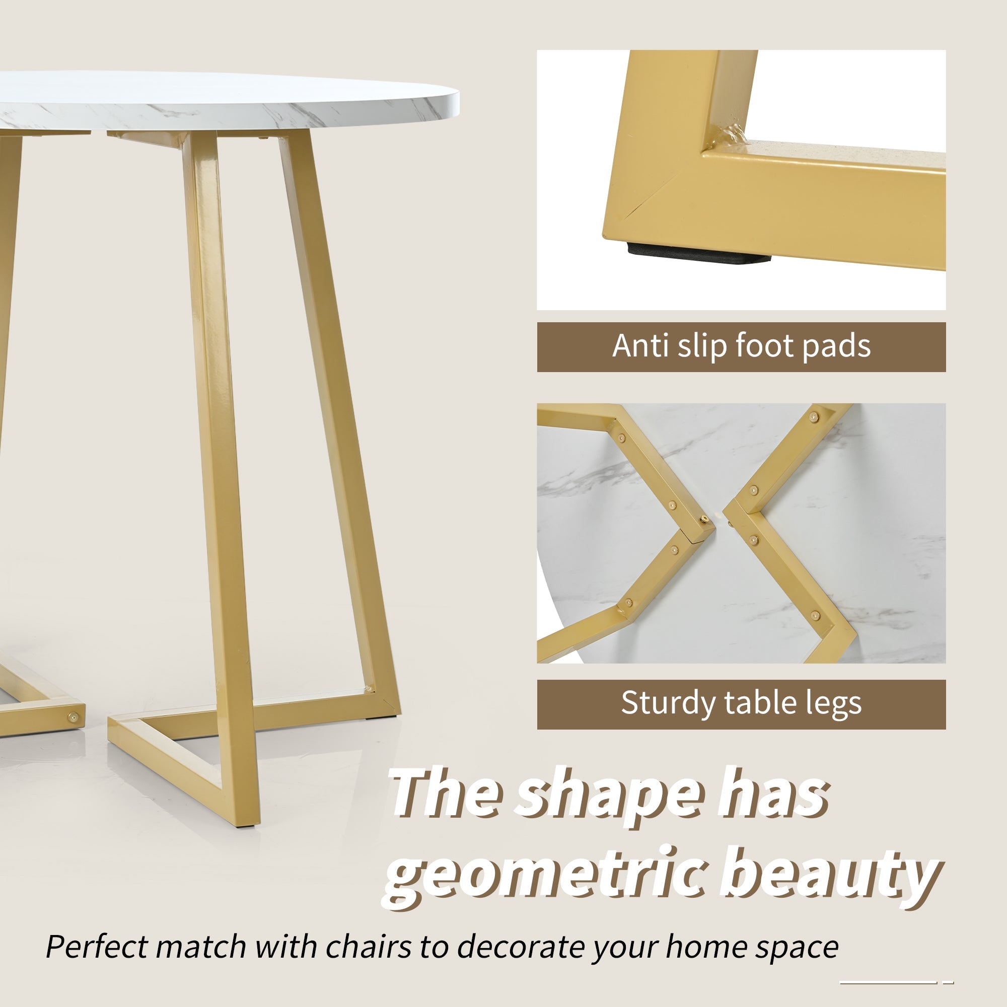 Dining Table Set (5-piece) Round 80cm Kitchen Table White MDF, Gold Metal/Black Velvet