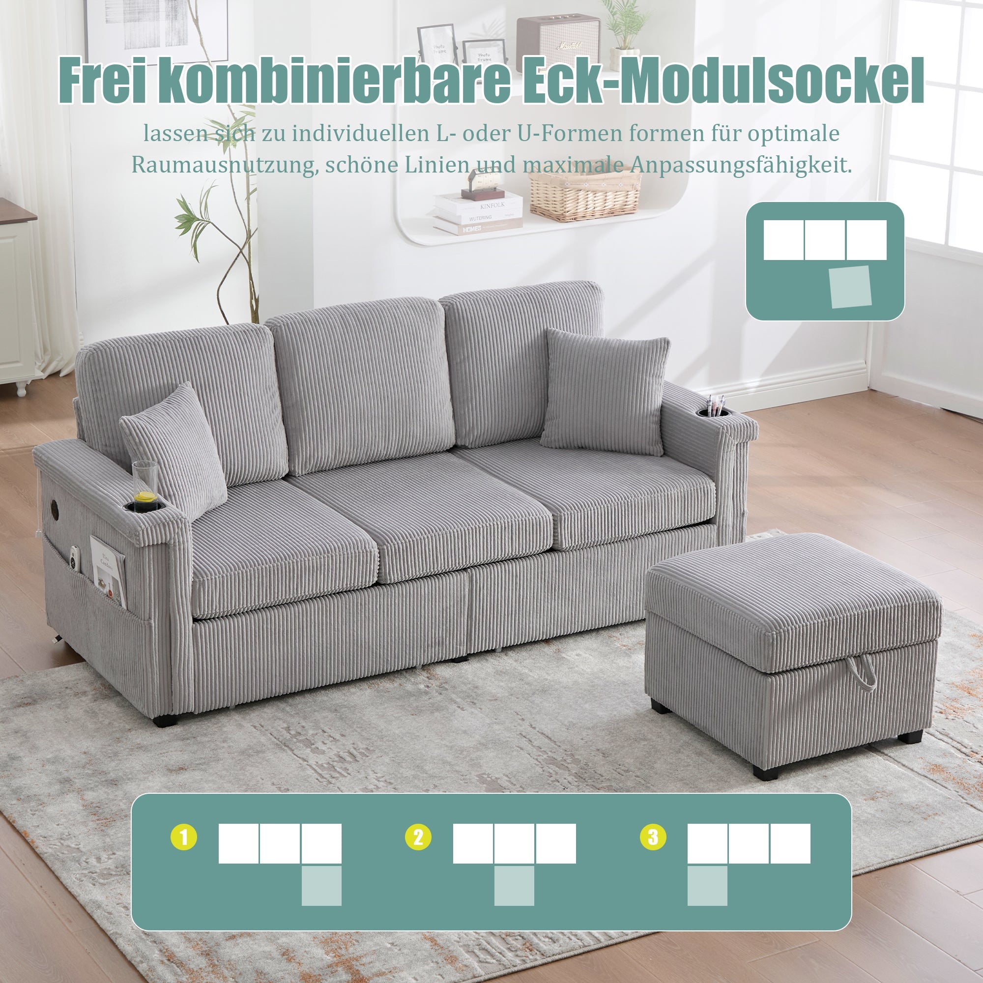 Velvet Sofa, LED, USB-C, Storage Ottoman, Cup Holders, Side Pockets - Light Gray