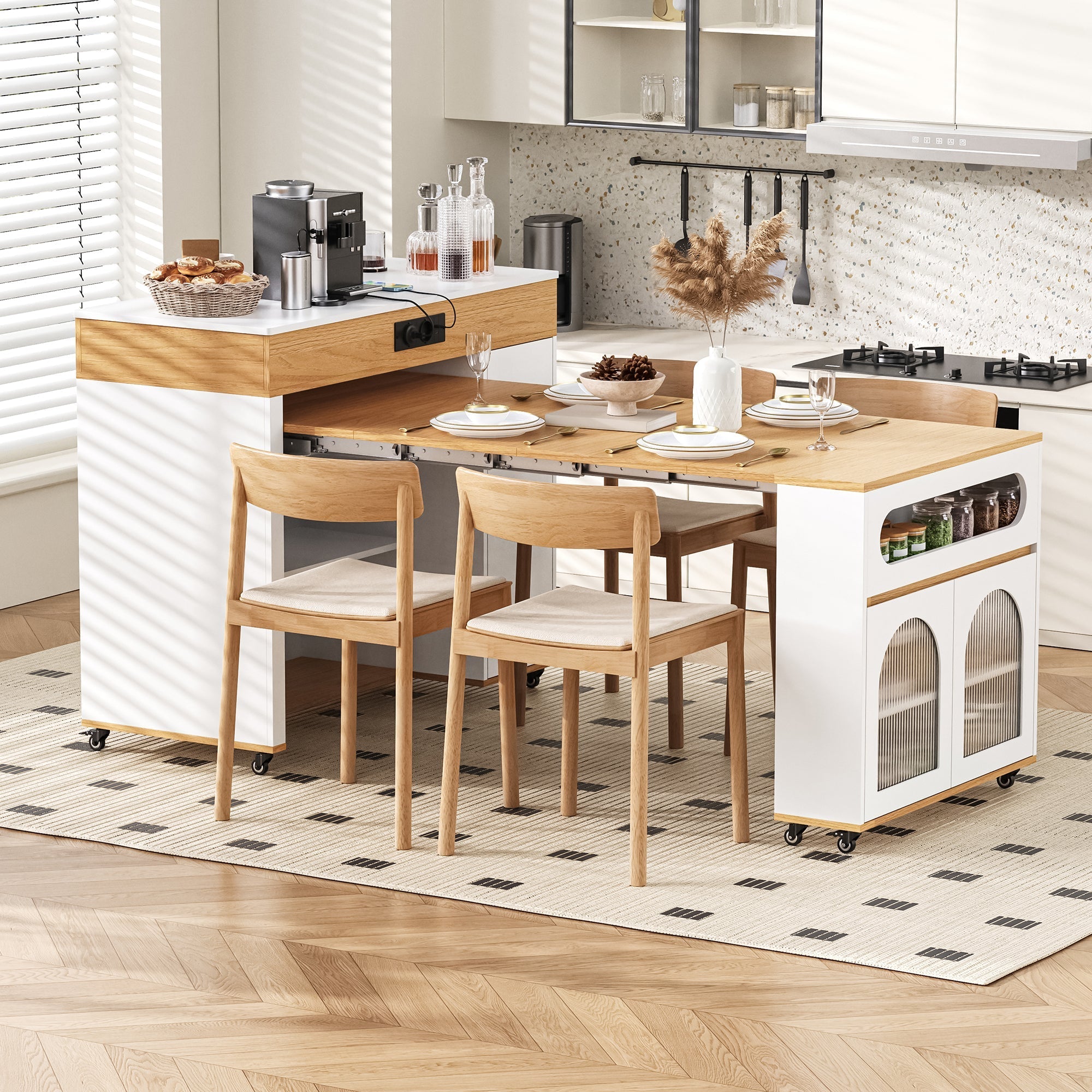 Extendable Kitchen Island Ribbed Glass Power Strip Storage White/Natural
