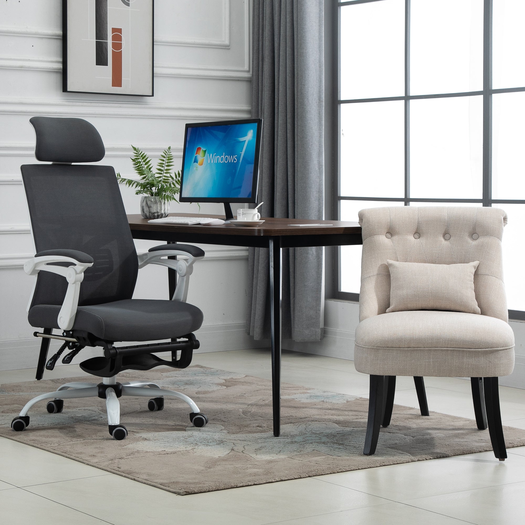 Recliner Chair, Back Cushion, Linen-Look, Cream White