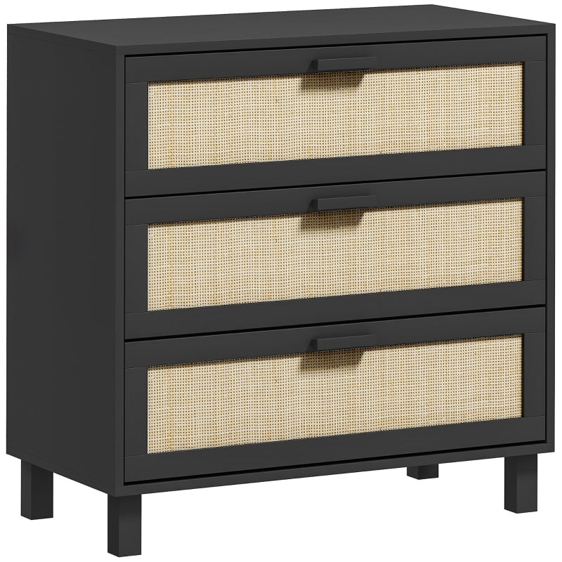 Rattan Chest of Drawers, 3 Drawer Boho Storage Unit, Black
