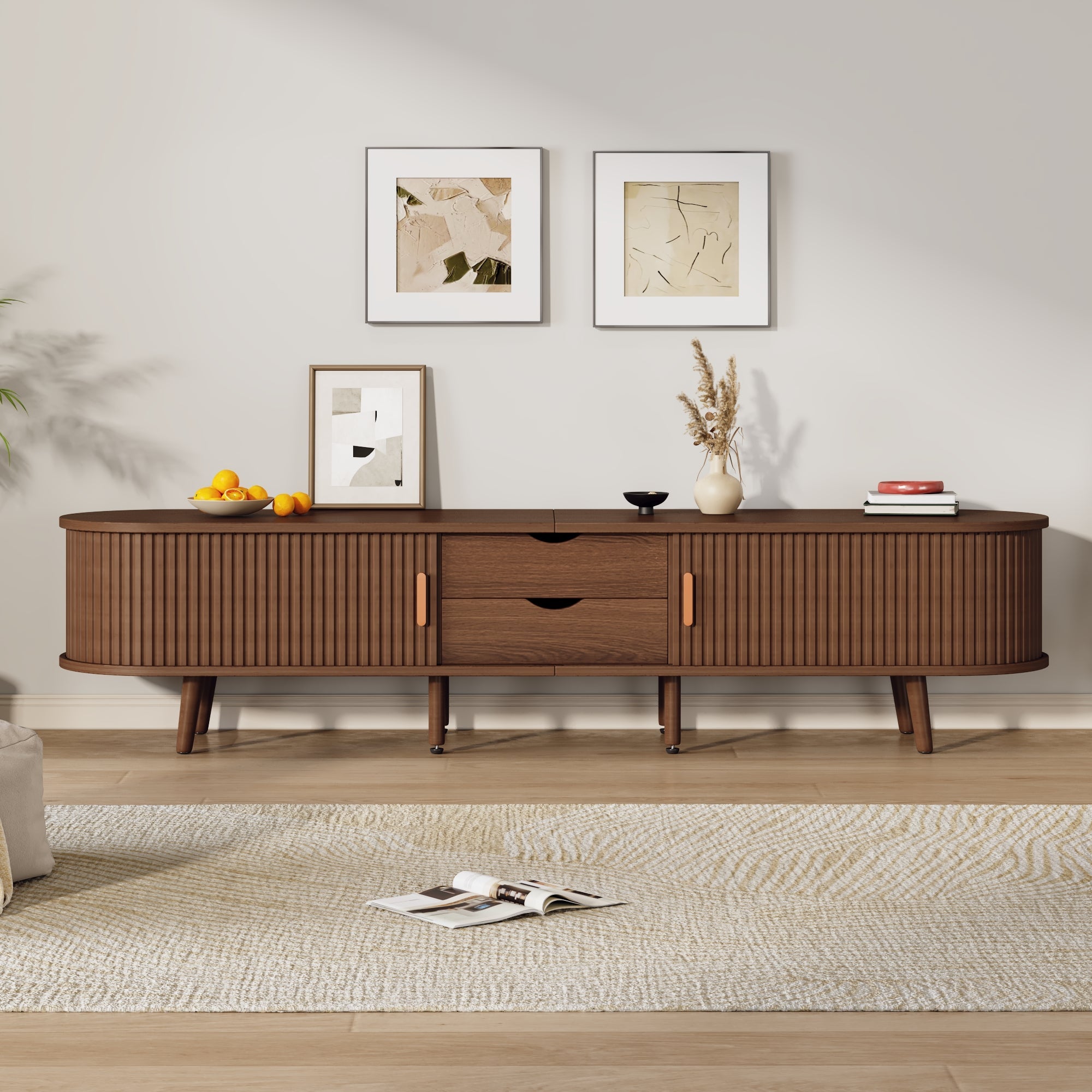 TV Cabinet 175cm Storage 2 Drawers Telescopic Doors, Walnut MDF