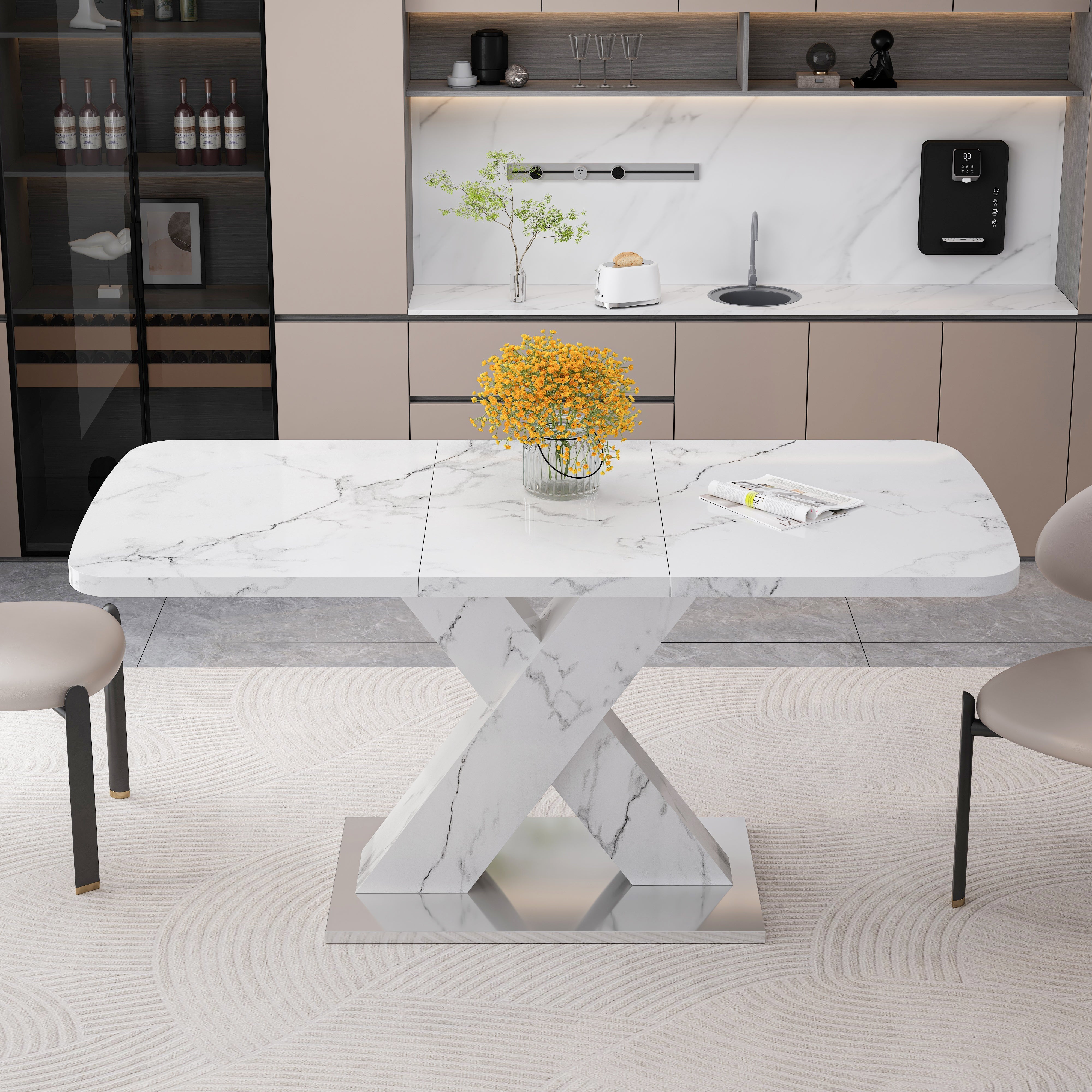 Dining Table 120-160CM Stretchable Modern Rectangle Marble Top, White/MDF/Metal Base