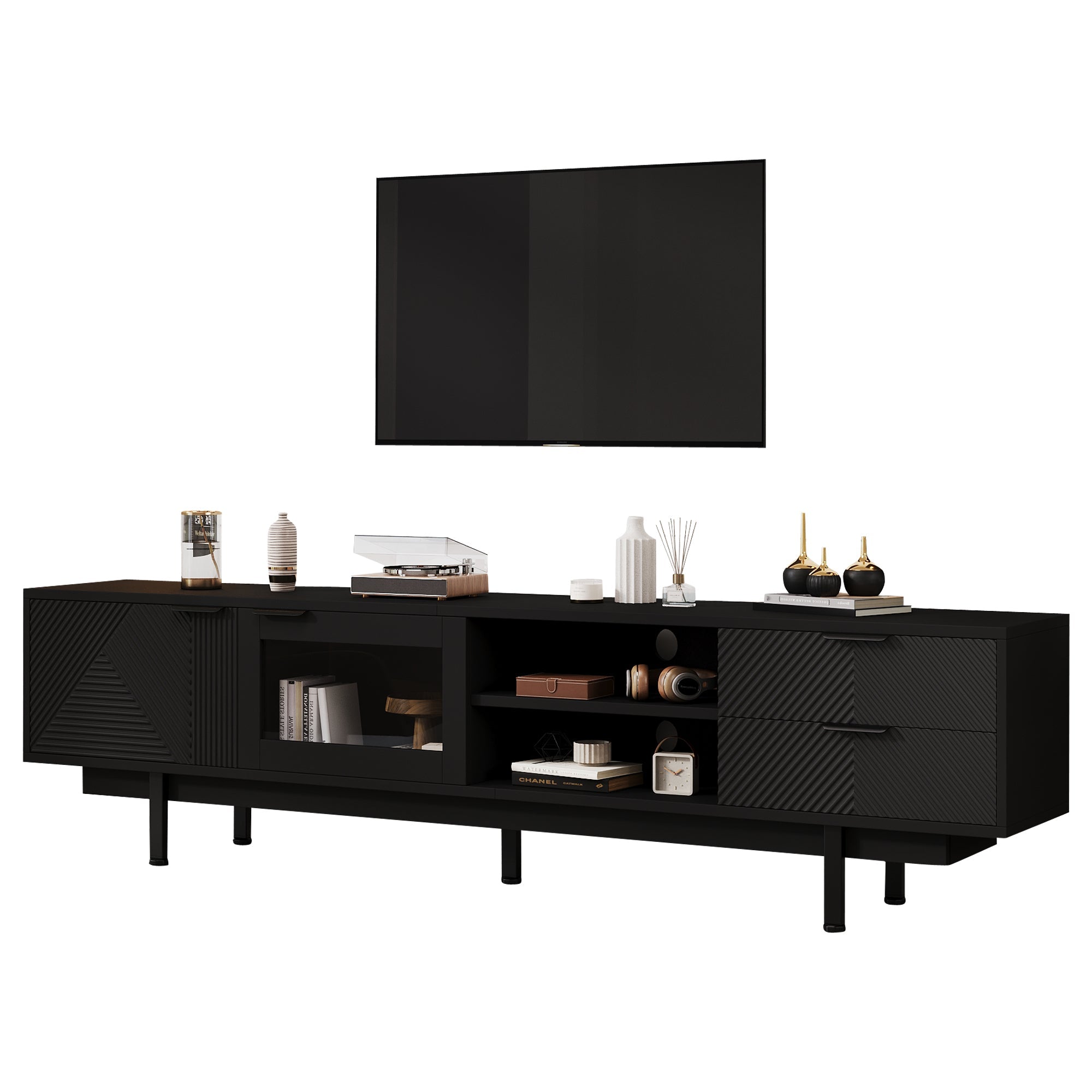 TV Cabinet, 2-Door 2-Drawer Lowboard TV Stand for 80-Inch TVs, Black