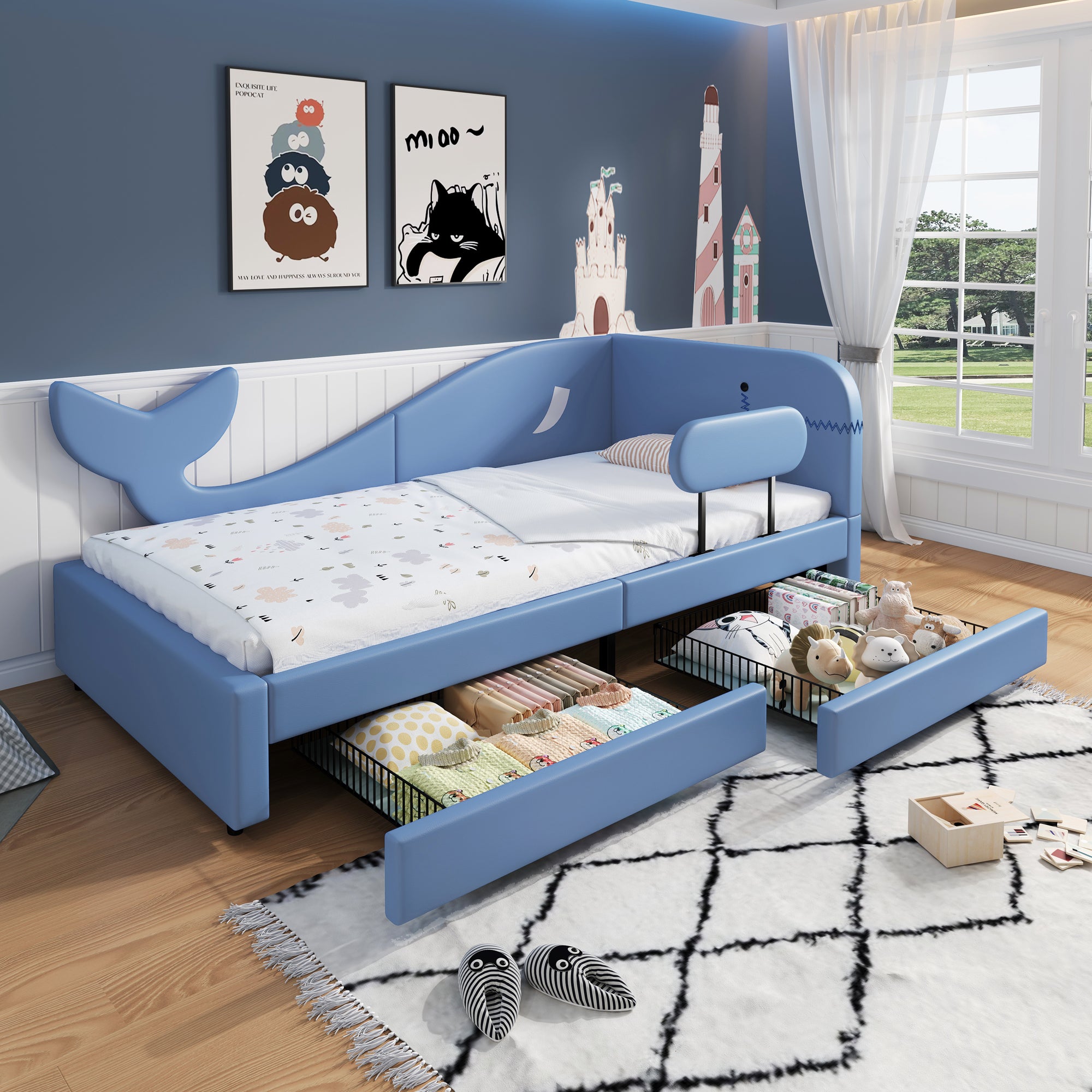 Children's Splicing Bed, Upholstered Daybed with 2 Drawers, Blue