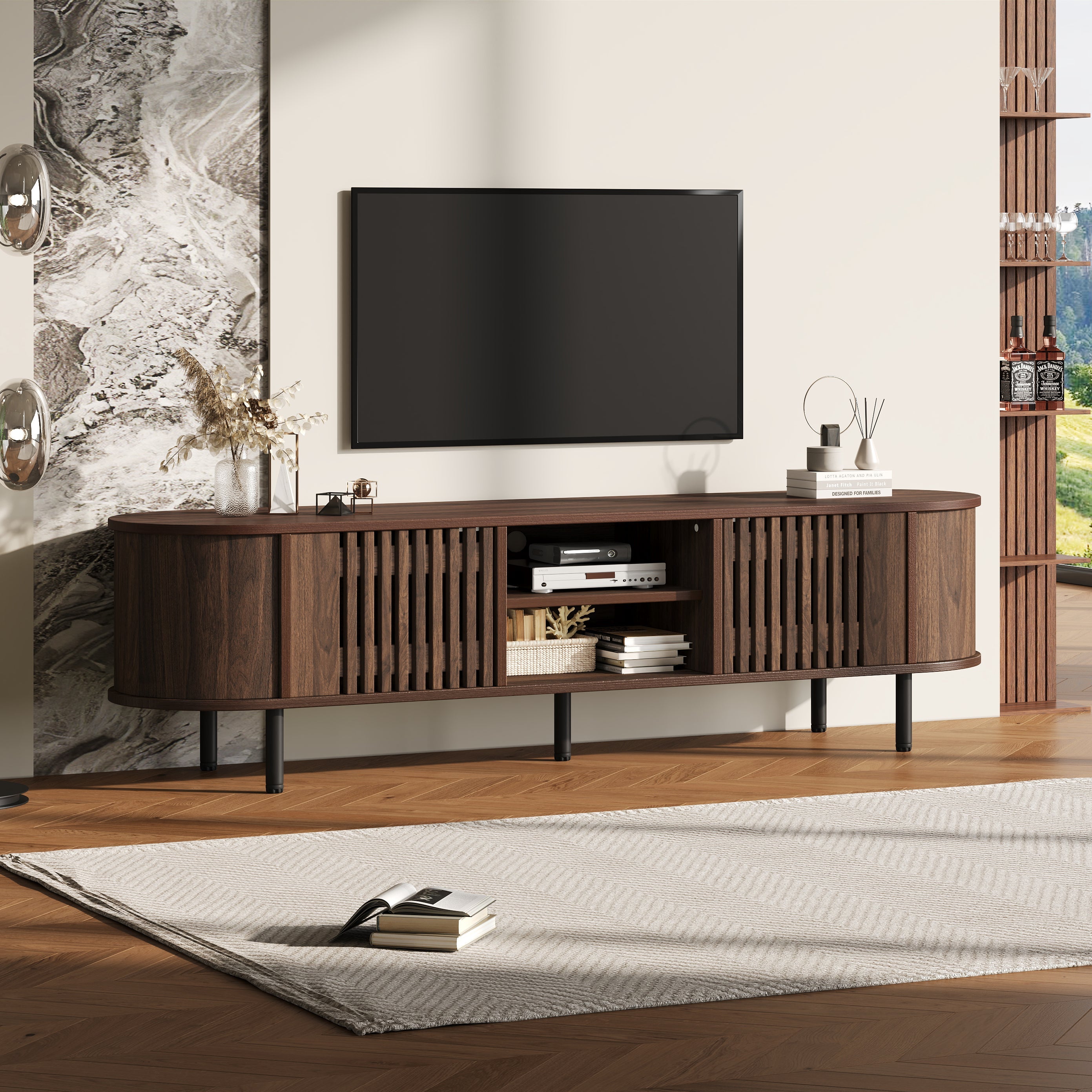 TV Cabinet Lowboard with 2 Cabinets, Openwork Wood Design, Walnut