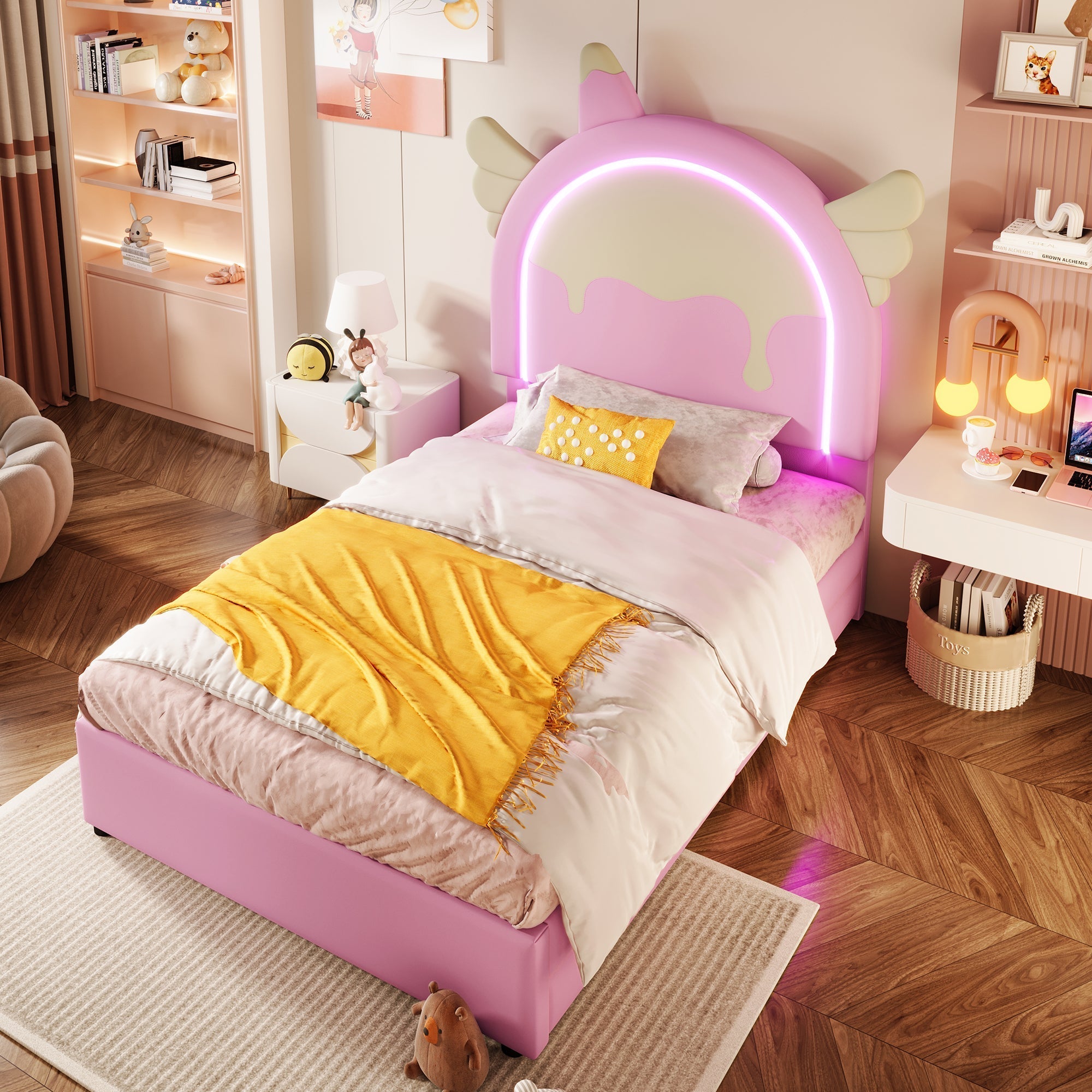 Upholstered Bed 90x200cm Unicorn Shape Light Strip 2 Drawers - PU Pink