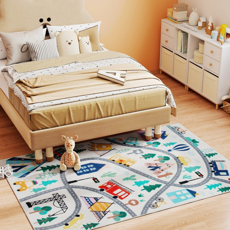 Highway Pattern Rug, Soft Fleece Easy Care, White Colorful